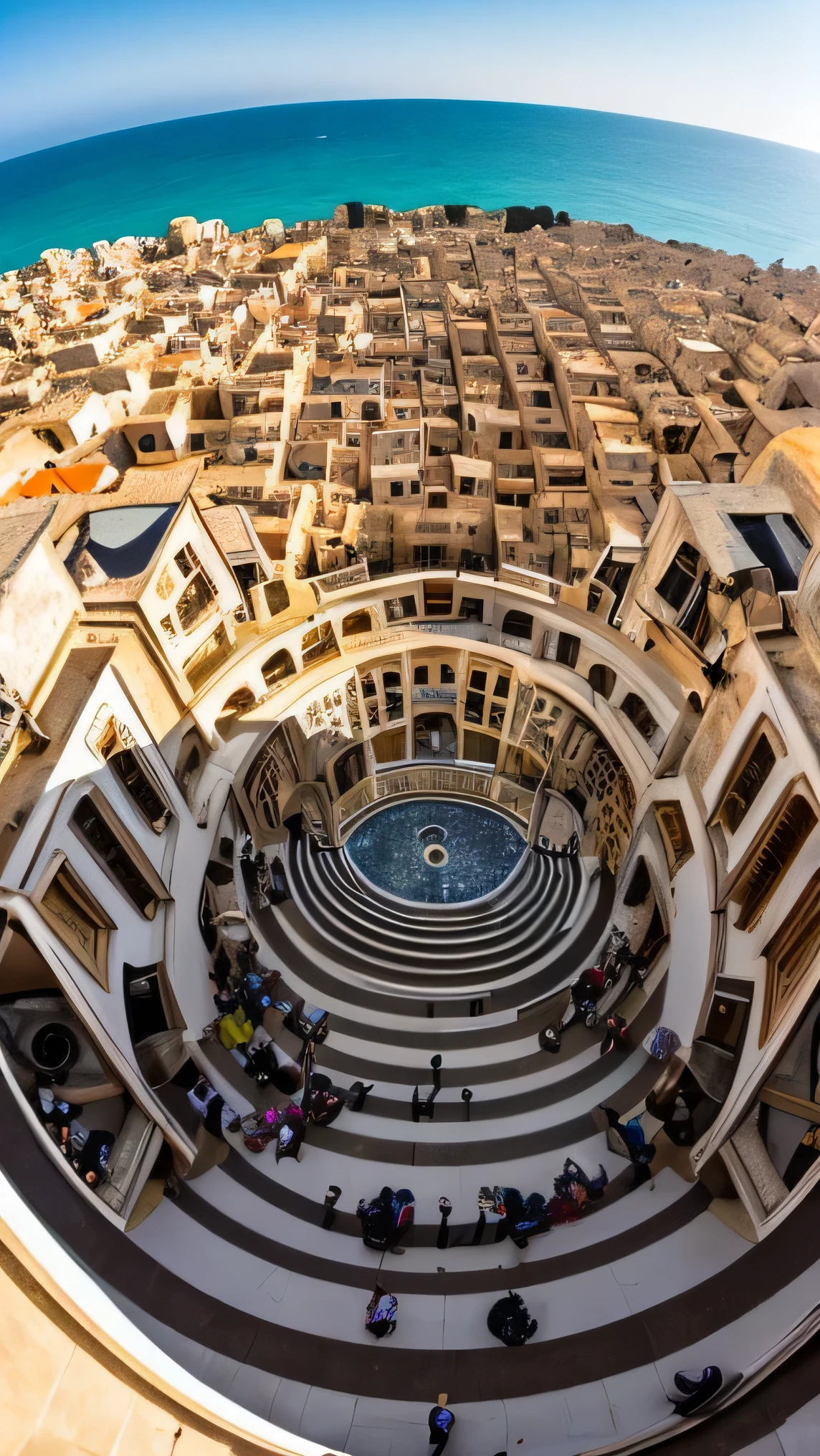 A fisheye photo of the amazing culture of Akko in Israel,, taken with a gopro, showing an infinity of cool dancers and artists among the wonderful old buildings