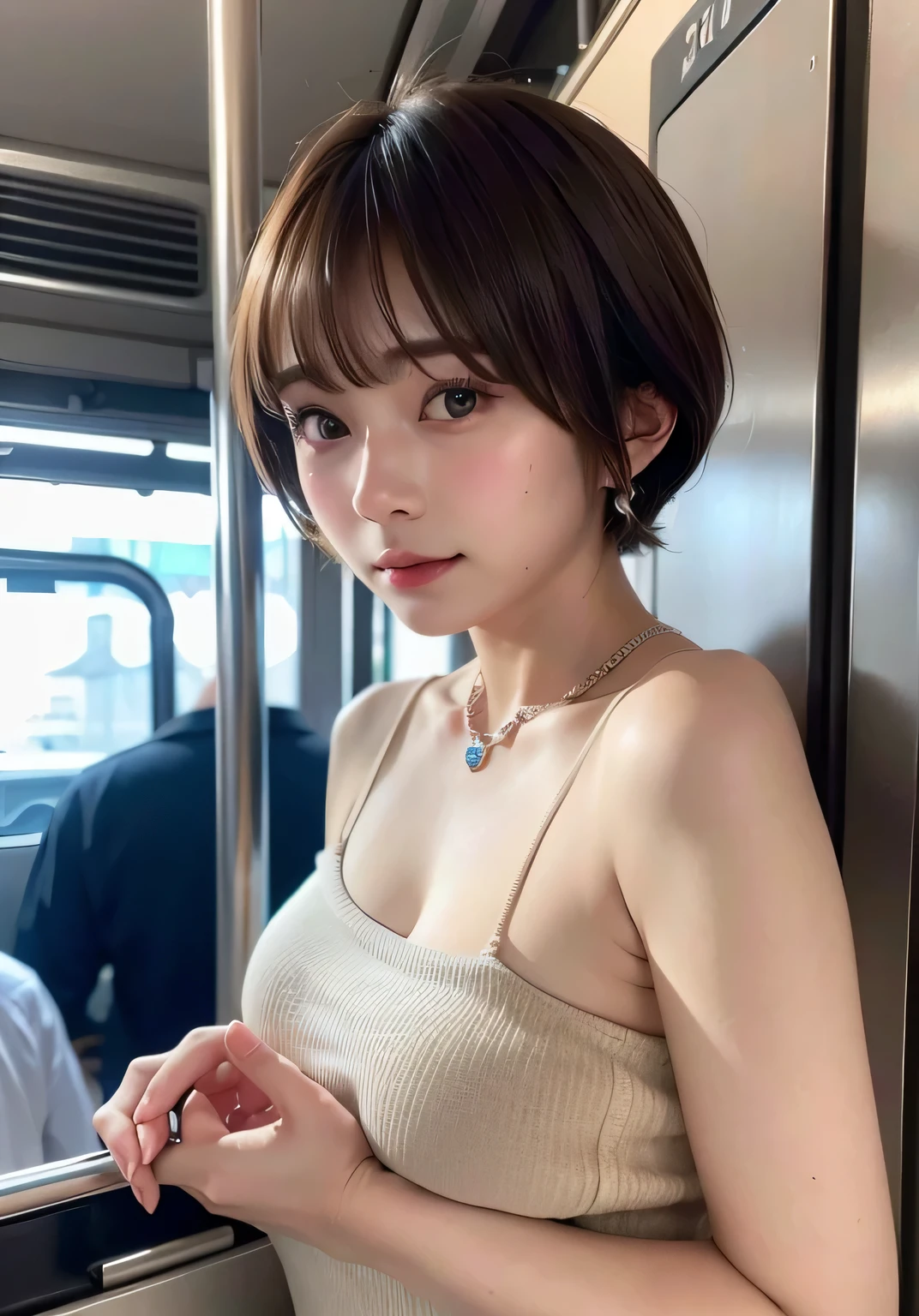 ((highest quality))、(masterpiece:1.4)、Raw photo、8K、((best image quality))、 ((highest resolution))、ultra fine photo、delicate face、Beautiful face in every detail、very detailed、(one woman:1.3)、realistic、(cute woman:1.3)、(short hair、disappoint one&#39;bangs)、(Beautiful woman)、(small face:1.3)、((long neck))、necklace、bracelet、(big breasts:1.5)、((crowded train))、