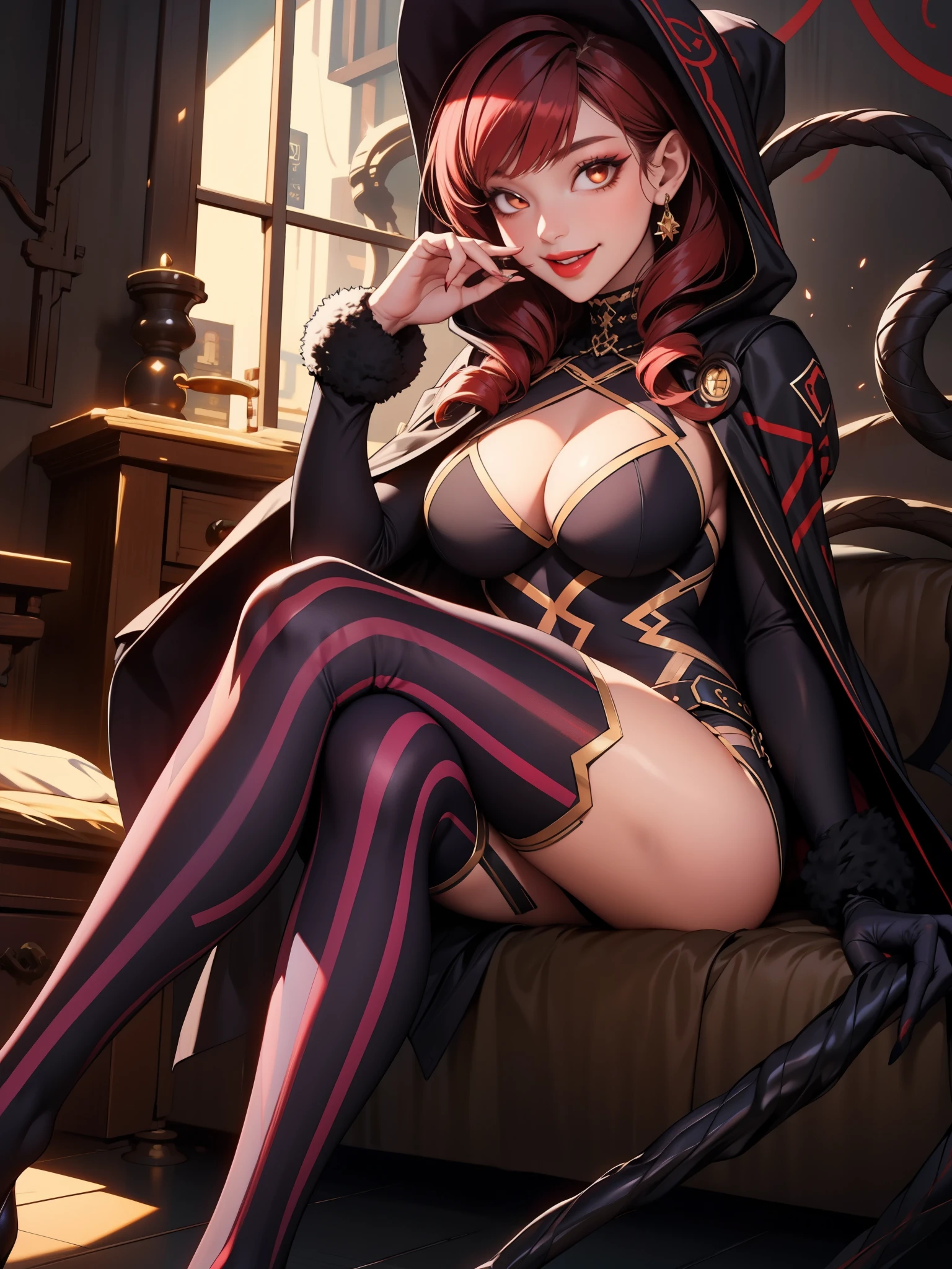 perfect eyes:1.2, detailed eyes:1.4, realistic:1.4, red hair, hair over shoulder, robe, GlowingRunes_red background, glowing eyes, yameroyandere, yandere, crazy eyes, crazy smile, cape, fringe, argyle, checkered, clothing cutout, stripedthighhighs, black and red vertical striped thighhighs, makeup, lipstick, hood up, cleavage, sitting, 1girl, solo, (masterpiece:1.6, best quality),