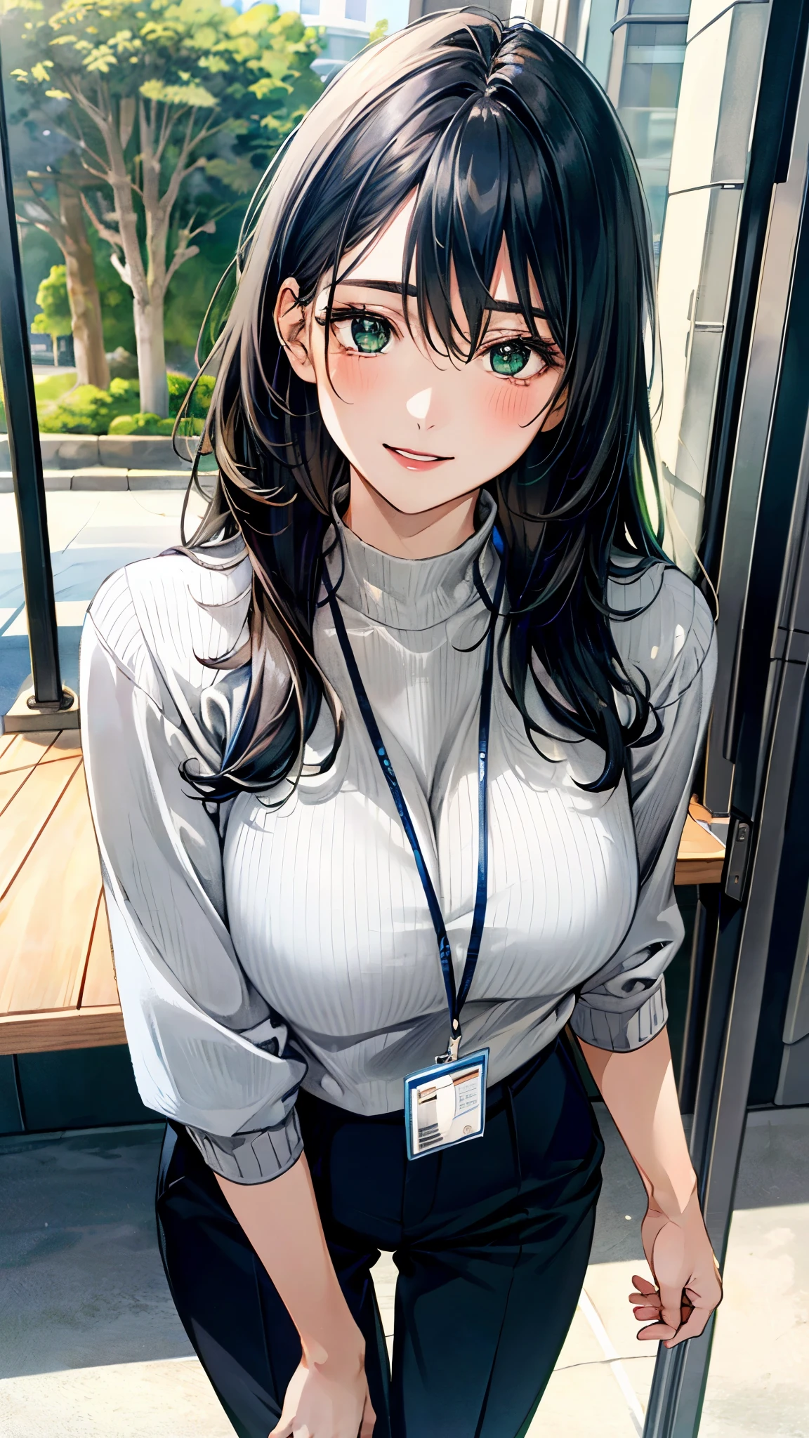 (masterpiece:1.3, top-quality, ultra high res, ultra detailed), (realistic, photorealistic:1.4), beautiful illustration, perfect lighting, natural lighting, colorful, depth of fields, 
looking at viewer, full body, front view:0.6, 1 girl, japanese, office lady, 19 years old, perfect face, (perfect anatomy), cute and symmetrical face, baby face, shiny skin, , 
(long hair:1.7, straight hair:1.2, black hair), hair between eyes, emerald green eyes, long eye lasher, (large breasts:0.8), 
beautiful hair, beautiful face, beautiful detailed eyes, beautiful clavicle, beautiful body, beautiful chest, beautiful thigh, beautiful legs, beautiful fingers, 
((half-sleeve navy high neck sweater, gray stretch tapered pants), id card), 
(beautiful scenery), day time, (office lounge), drinking drink, (happy smile, half-closed eye, parted lips),