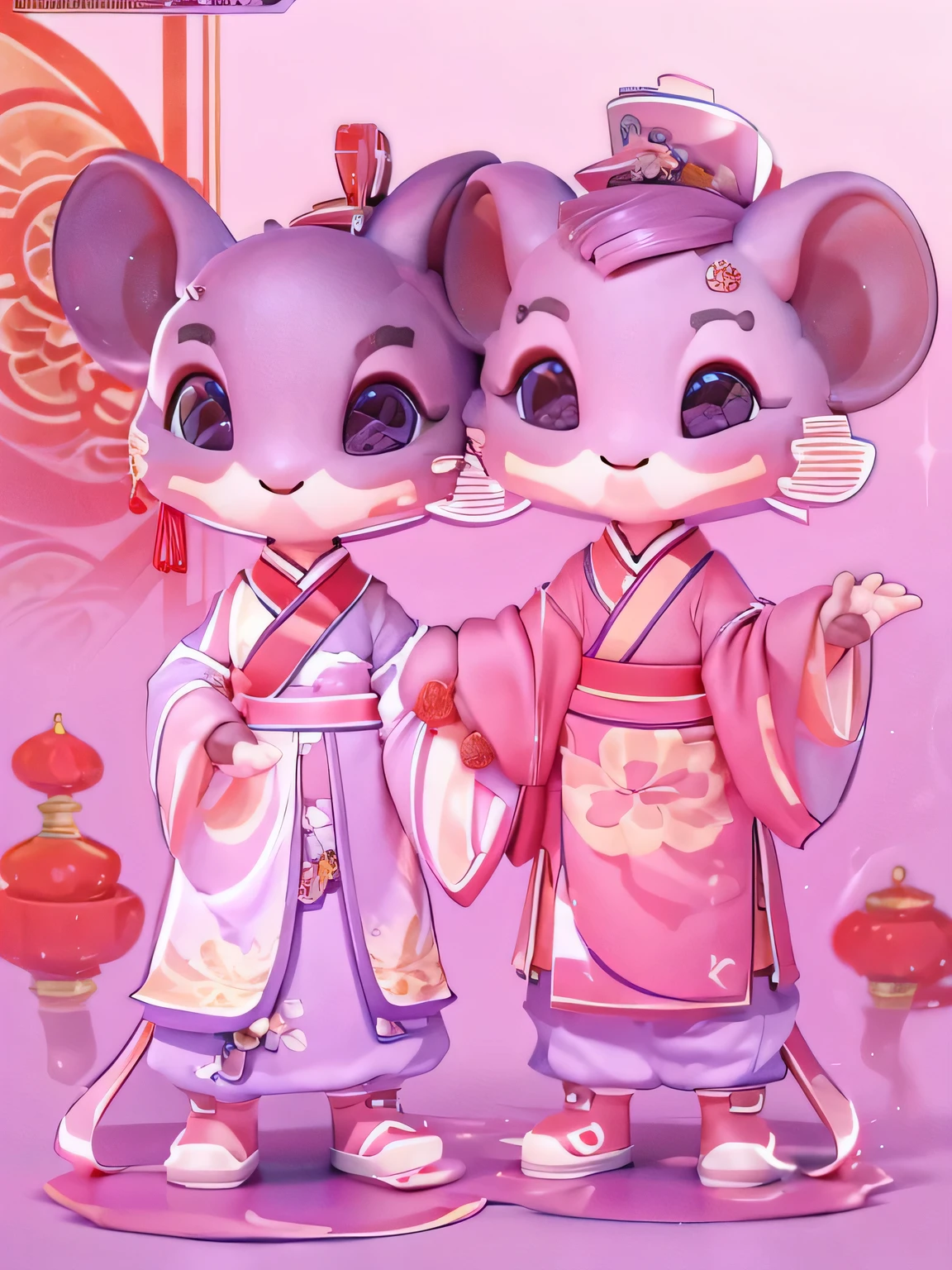 (personification: 1.4), (full body shot), (China: Unique male and female mice holding hands, hanfu, stand on two feet, Oriental elements), (China - unique illustration: 1.5, Vector Painting: 1.5), (Chinese color, Advanced color matching, gradient background, White background), (Smile, Lovely, big eyes, Watch the rice together) (Very detailed, Well-designed, clear lines, high definition, best quality, three dimensional, masterpiece, official art, movie lighting effects, 4K)