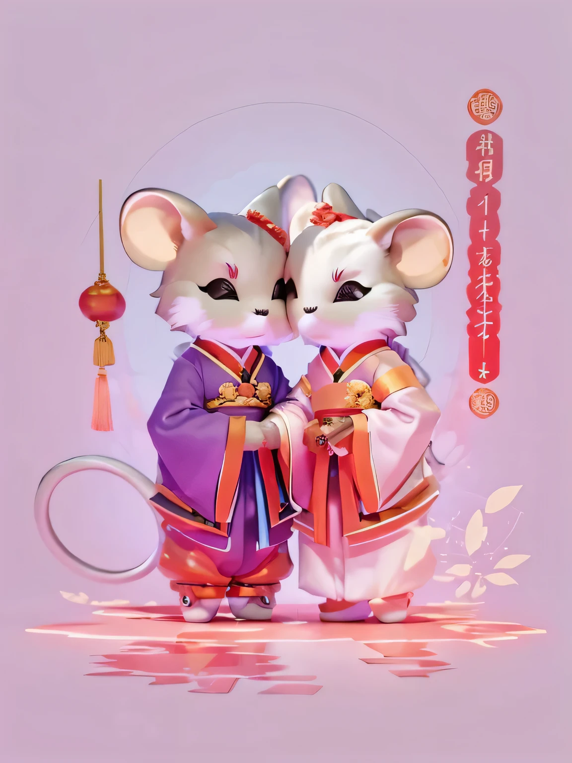 (personification: 1.4), (full body shot), (China: Unique male and female mice holding hands, hanfu, stand on two feet, Oriental elements), (China - unique illustration: 1.5, Vector Painting: 1.5), (Chinese color, Advanced color matching, gradient background, White background), (Smile, Lovely, big eyes, Watch the rice together) (Very detailed, Well-designed, clear lines, high definition, best quality, three dimensional, masterpiece, official art, movie lighting effects, 4K)