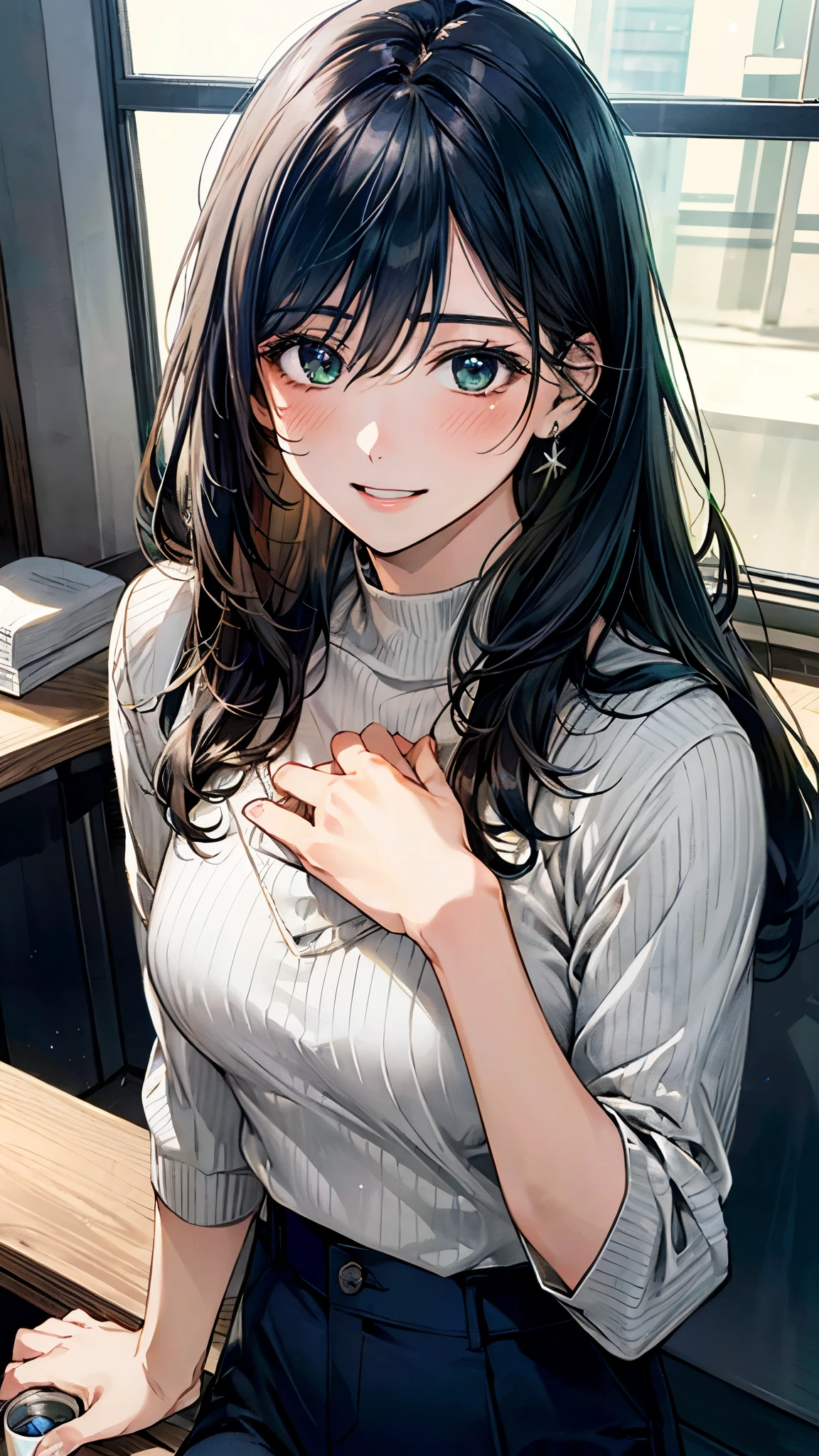 (masterpiece:1.3, top-quality, ultra high res, ultra detailed), (realistic, photorealistic:1.4), beautiful illustration, perfect lighting, natural lighting, colorful, depth of fields,
looking at viewer, full body, front view:0.6, 1 girl, japanese, office lady, 19 years old, perfect face, (perfect anatomy), cute and symmetrical face, baby face, shiny skin, ,
(long hair:1.7, straight hair:1.2, black hair), hair between eyes, emerald green eyes, long eye lasher, (large breasts:0.8),
beautiful hair, beautiful face, beautiful detailed eyes, beautiful clavicle, beautiful body, beautiful chest, beautiful thigh, beautiful legs, beautiful fingers,
((half-sleeve navy high neck sweater, gray stretch tapered pants), id card),
(beautiful scenery), day time, (office lounge), drinking canned coffee, (happy smile, half-closed eye, parted lips),