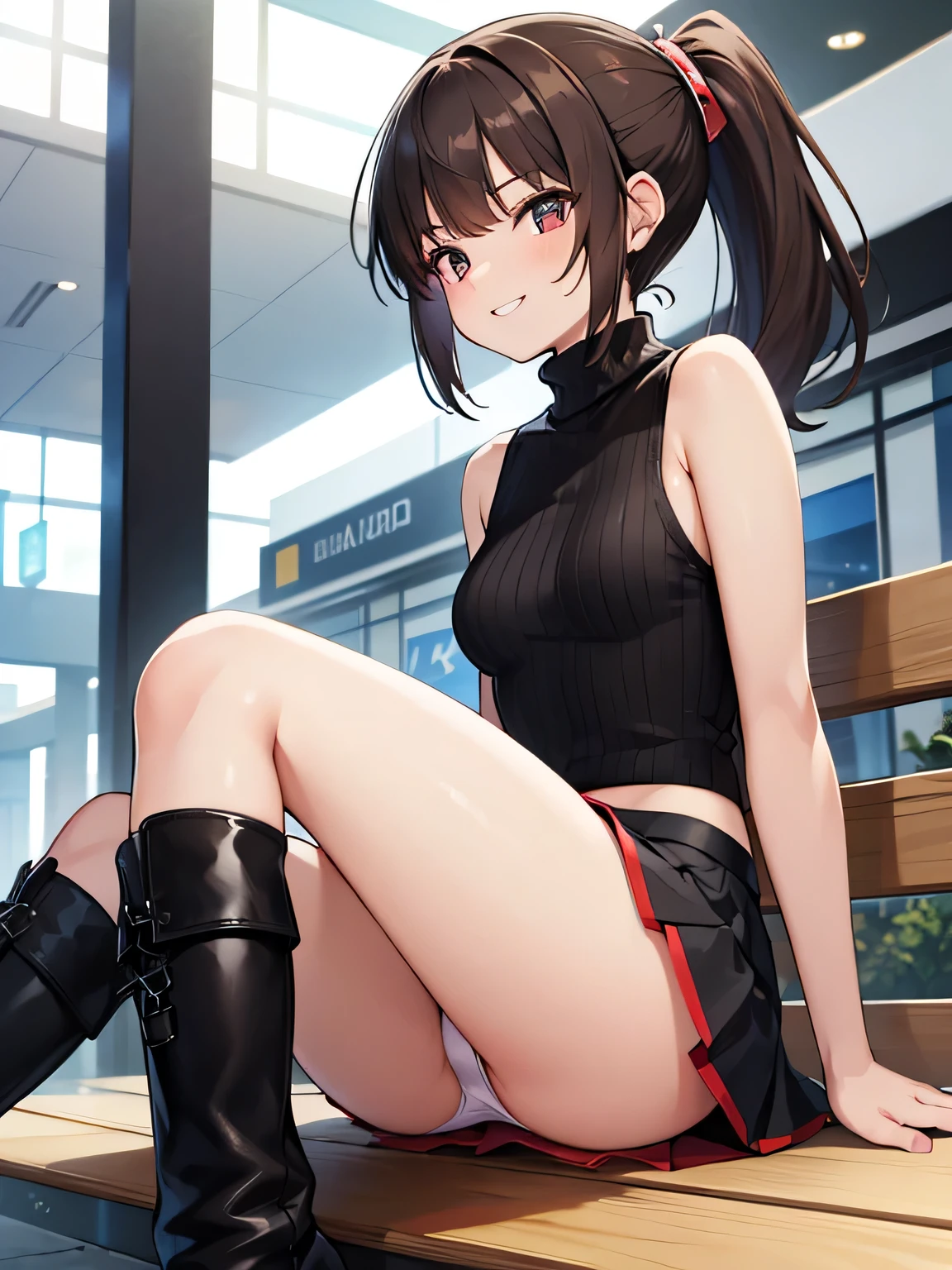 (masterpiece, highest quality, High resolution, realistic pictures, realistic skin:1.1),
(女性はShopping Mall Benchに座っている:1.8),
(she is sitting with her legs closed: 1.8),
(her skirt is so short、I can almost see the pants: 1.8),
(Please use the female panty shots facing the front.:1.8),
(grinning expression:1.5),
(She is wearing a bright red sleeveless turtleneck knit:1.8),
(she is wearing a black flared miniskirt:1.8),
(She is wearing black clothes, middle boots:1.8),
(The pants are in bright colors:1.2),
(brown hair in a middle ponytail:1.5),
(small face:1.5),
(Location: Shopping Mall Bench:1.5),
1 Japanese girl, alone, Full-bodied Esbian, beautiful eyes, sparkling eyes, NSFW