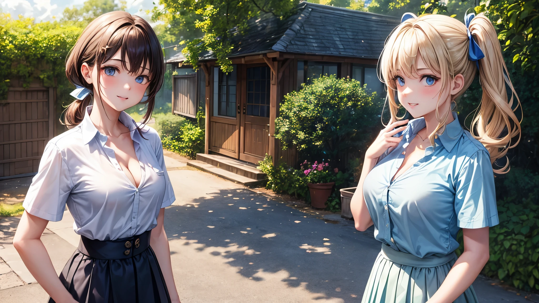 2girls, summer, village, trees, sun, clouds, chestnut hair, side ponytail, large breasts, ((popping shirt buttons)), button down, unbuttoning buttons, dark blue eyes, ((pale blue shirt)), ((unbuttoned shirt)), ((short sleeved shirt)), cleavage 1:3, white skirt, brown shoes, grin, looking at the viewer, standing, hair ribbon, golden necklate