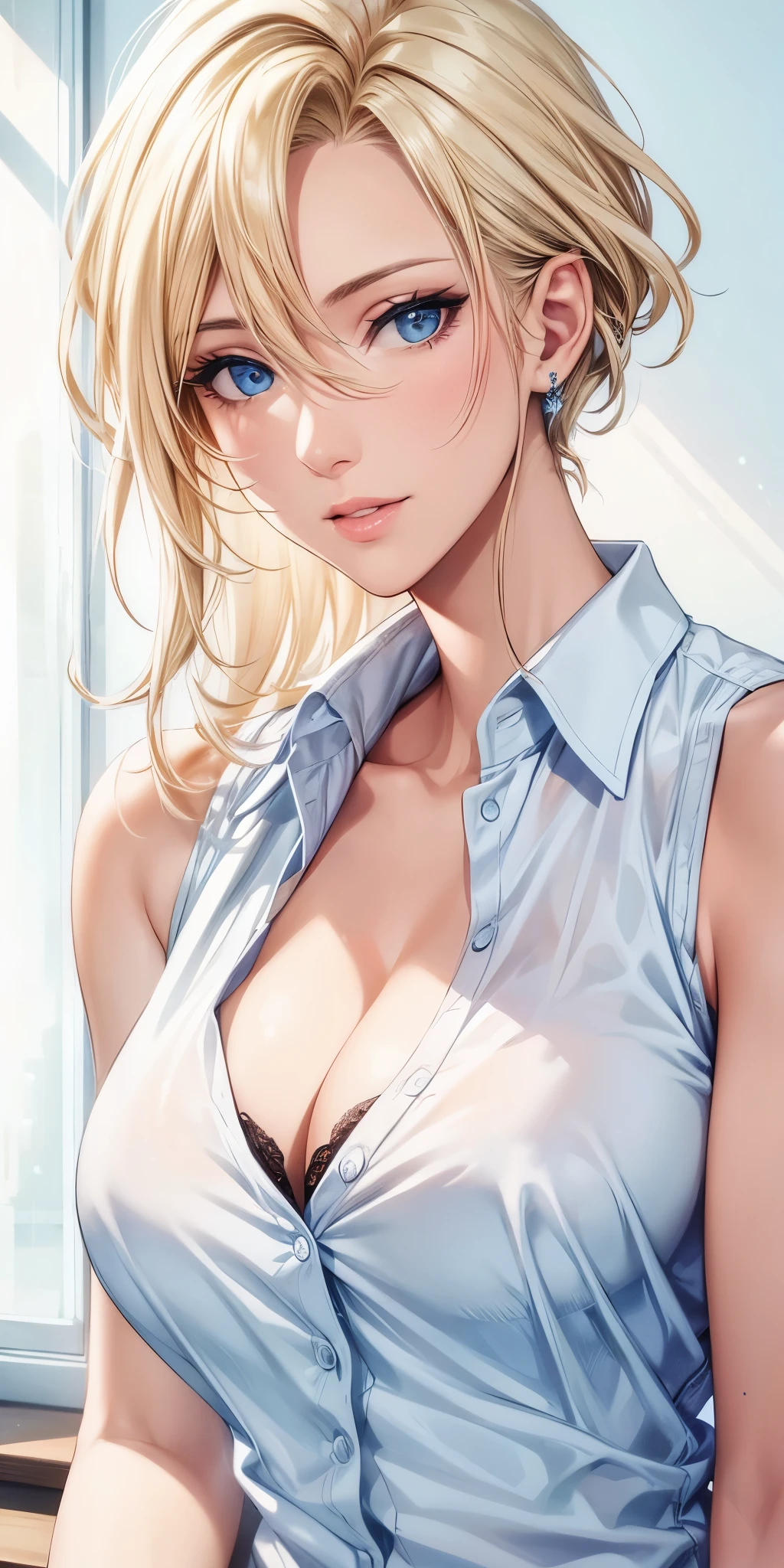 portrait, realistic, elegant mature woman, blue eyes, blonde hair, 4k resolution, beautiful cg, soft light