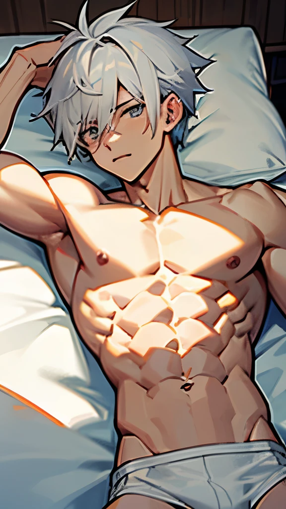 Anime guy shirtless with white hair
Lying in the bed
Strong man, 6 pack abs