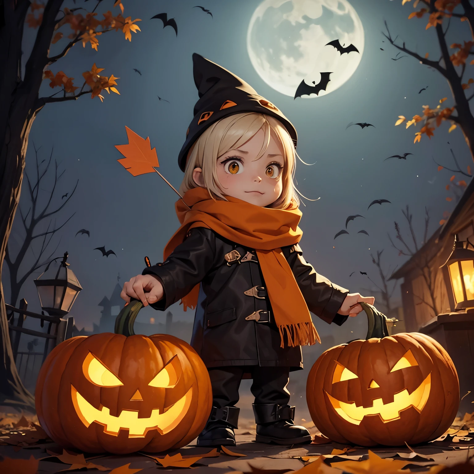 drawing of a cartoon pumpkin with a scarf and an arrow through its pumpkin head, pumpkin head, scared explorer countenance, cute, autumn mood, halloween art style, in halloween style, colorful drawing, dark and mysterious character, inspired by Niko Henrichon