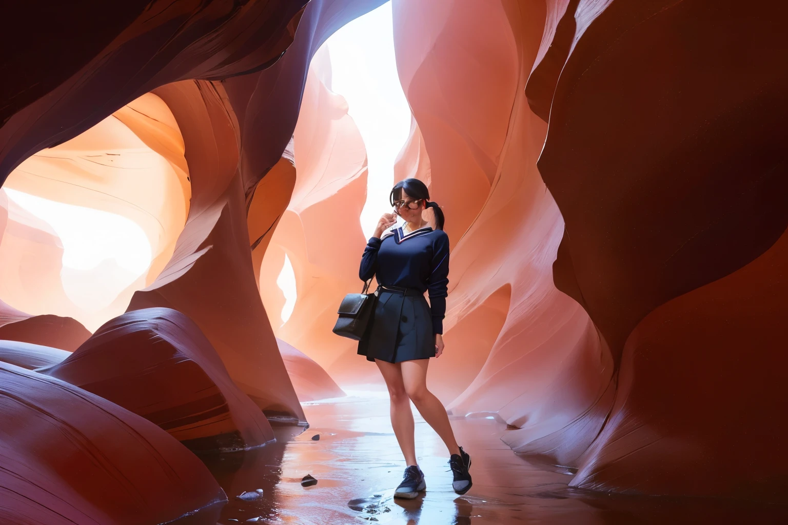 ((Wide angle, full body image)) Beautiful female tourist, black hair, ponytail, bangs, large glasses, smirk, ((wearing a preppy style outfit)), morning light, Antelope Canyon