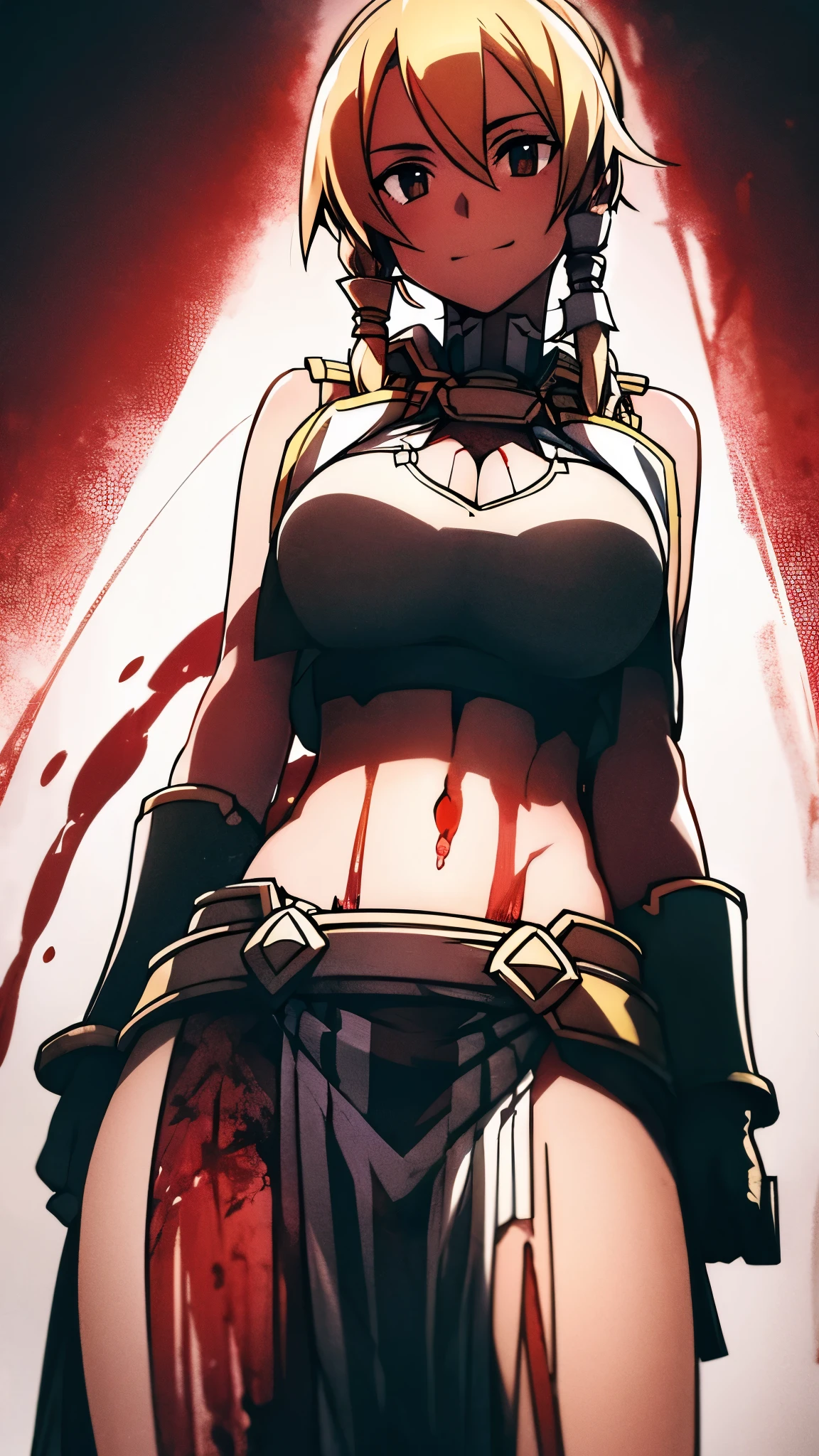 ((masterpiece)), ((best quality)), ((grotesque and splatter)), beautiful girl, curvy, tall, exposed belly, belly button, big breasts, femdom, slaughter, bloody white dress, Blood on the body, Bloody, Blood on the belly button, Blood on the belly, Blood on the breasts, tall, bloody knife, bloody sword, bloody belly, war, fight, kill, Behead, shot from below, POV from fallen enemies, sensual, Blood on the breasts, smile, spattered by much blood, having a big bloody sword, reflecting blood on the whole body, looking down on me, massaging breasts, getting excited sexially, kill everyone, blood splatter, cruel, background with battlefield, cut off head of man, holding a severed head