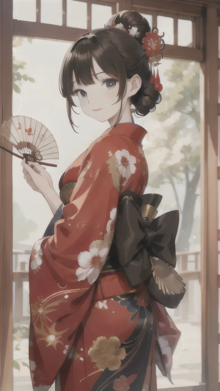 (masterpiece: 1.3), (ultra high resolution: 1.5), cute girl, Half body,
Chinese ancient style, short brown hair, red kimono, flowing short hair, braid,
Detailed floral decoration, blue eyes, hairpin,
(cute little: 1.4), thick painting, gentle smile, holding a fan.

这幅masterpiece完美地展现了一位身着古装的可爱中国女孩. 她的short brown hair像流动的波浪一样从背上垂下来, Decorated with delicate hairpins. 她的red kimono, Decorated with flowers, clinging to her body, reveal