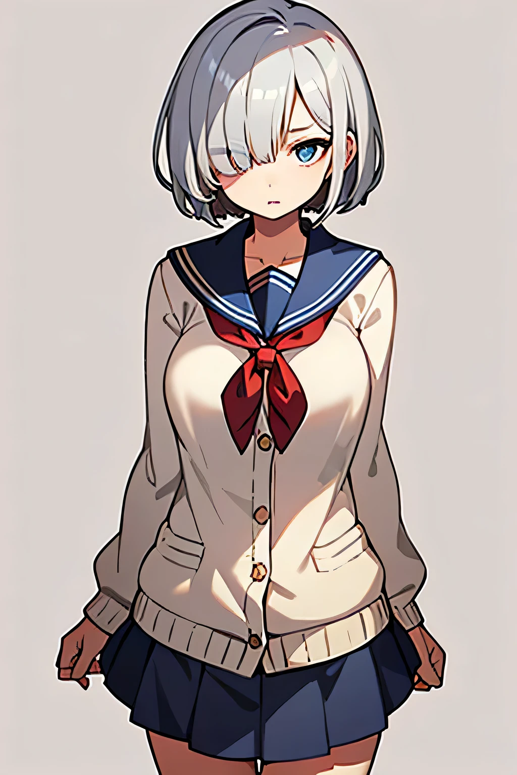 (masterpiece, best quality), 
1girl, solo, 18 yo, (silver hair:1.3), bob cut, short hair, (hair over right eye:2), (cyan left eye:1.2), large breasts, BREAK, (sailor suit:1.2), dark blue collared, beige shirts, long sleeves, red neck ribbon, dark blue skirt, stockings, (beige cardigan:1.2)