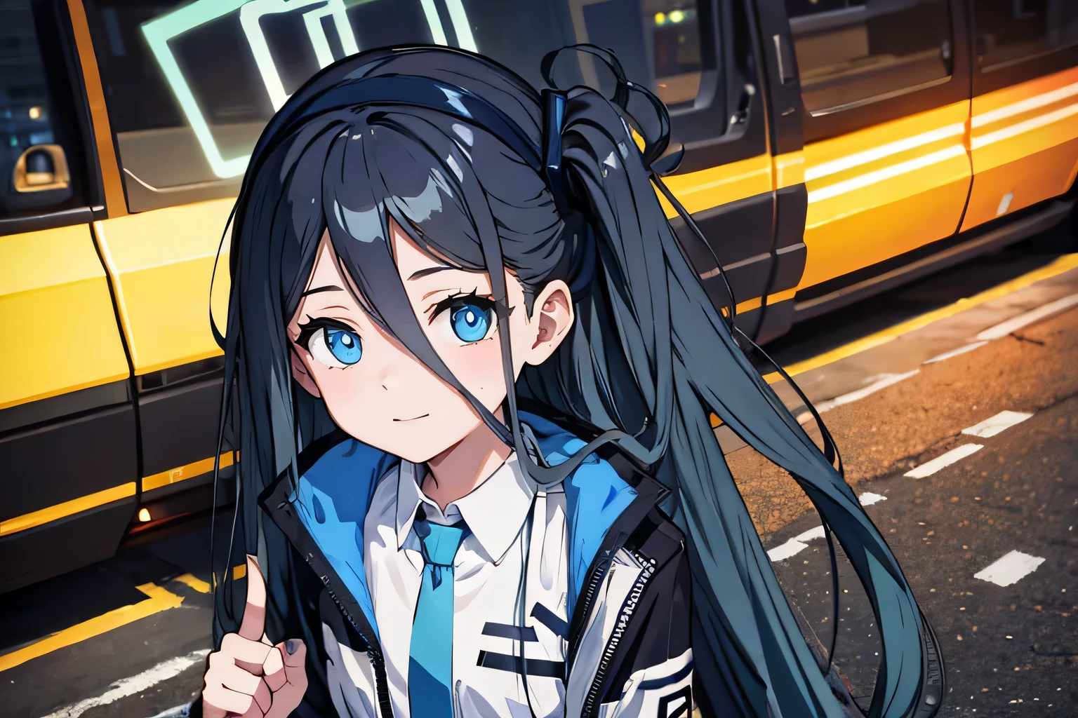 alice def, (very long hair:1.1), look up, put your hand on your waist, From above, smug, street, masterpiece, highest quality, High resolution, nice hands, perfect hands