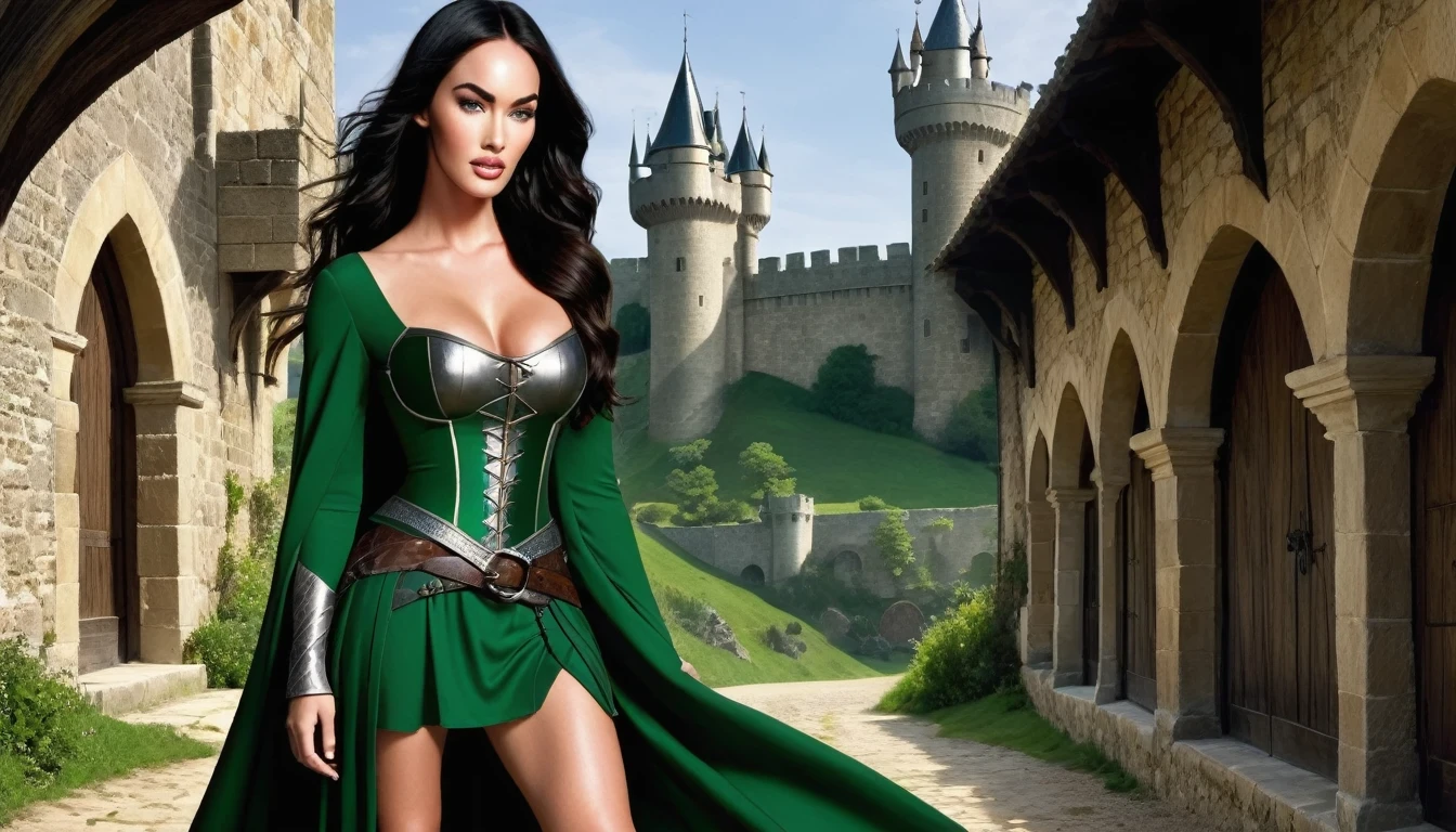 ((Megan Fox, (24 anos), de corpo inteiro), The skirt is long to the floor)), usando vestido longo, estilo medieval, olhos verdes distintos, roupas de couro, slender and graceful, lindissimo, luz de velas em um ambiente medieval, Castle medieval, Ultra sharp focus, tiro realista, roupas masculinas medievais, cores tetradicas (cicatriz:1.4). Castelo medieval na forma de uma cogumelo com tom de sinistro e convidativo.