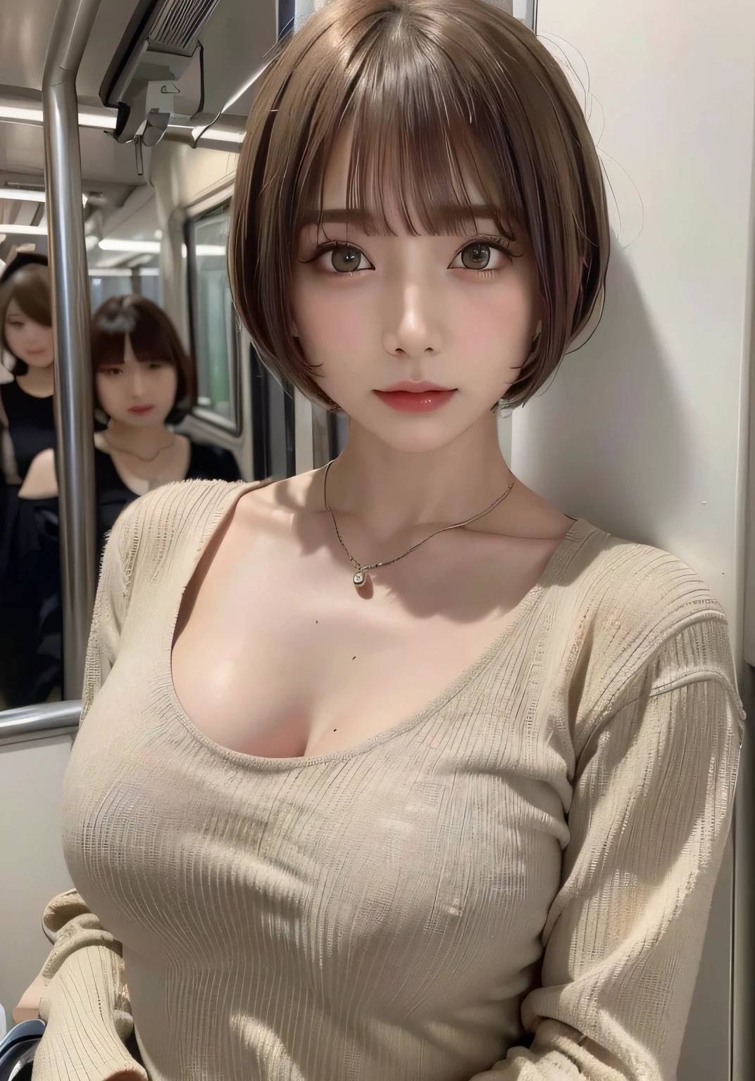 ((highest quality))、(masterpiece:1.4)、Raw photo、8K、((best image quality))、 ((highest resolution))、ultra fine photo、delicate face、Beautiful face in every detail、very detailed、(one woman:1.3)、realistic、(cute woman:1.3)、(short hair、disappoint one'bangs)、(Beautiful woman)、(small face:1.3)、((long neck))、necklace、bracelet、(big breasts:1.5)、((crowded train))、sleeveless