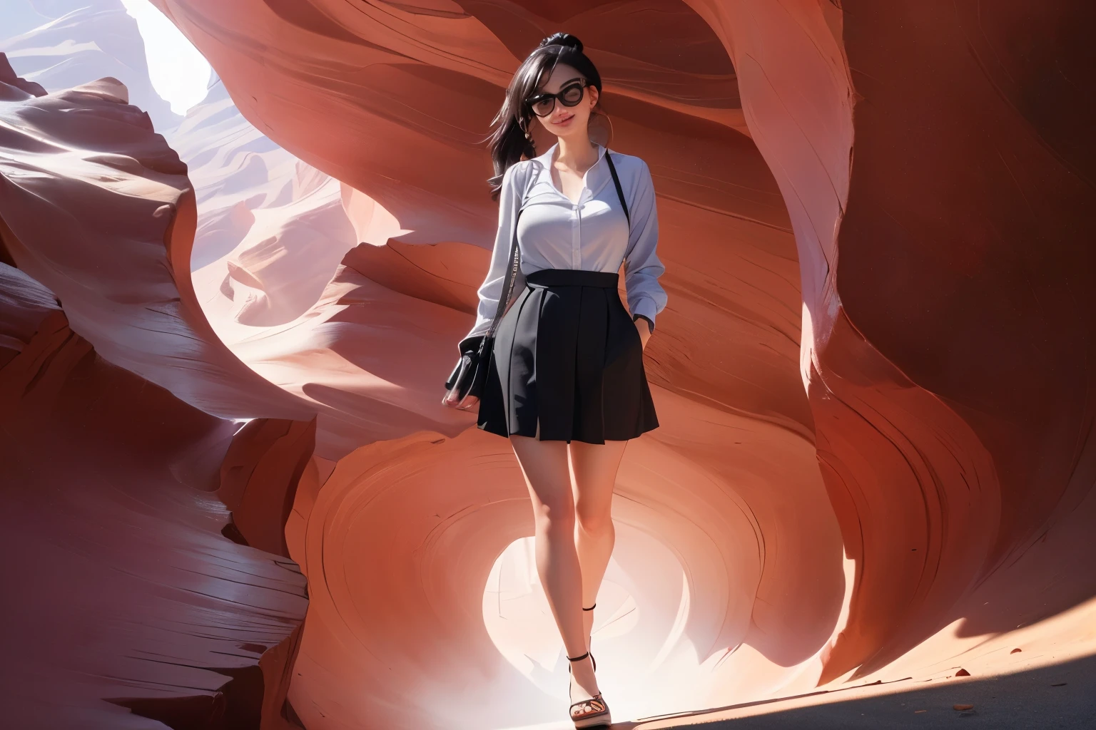 ((Wide angle, full body image)) Beautiful female tourist, black hair, ponytail, bangs, large glasses, smirk, ((wearing a preppy style outfit)), morning light, Antelope Canyon