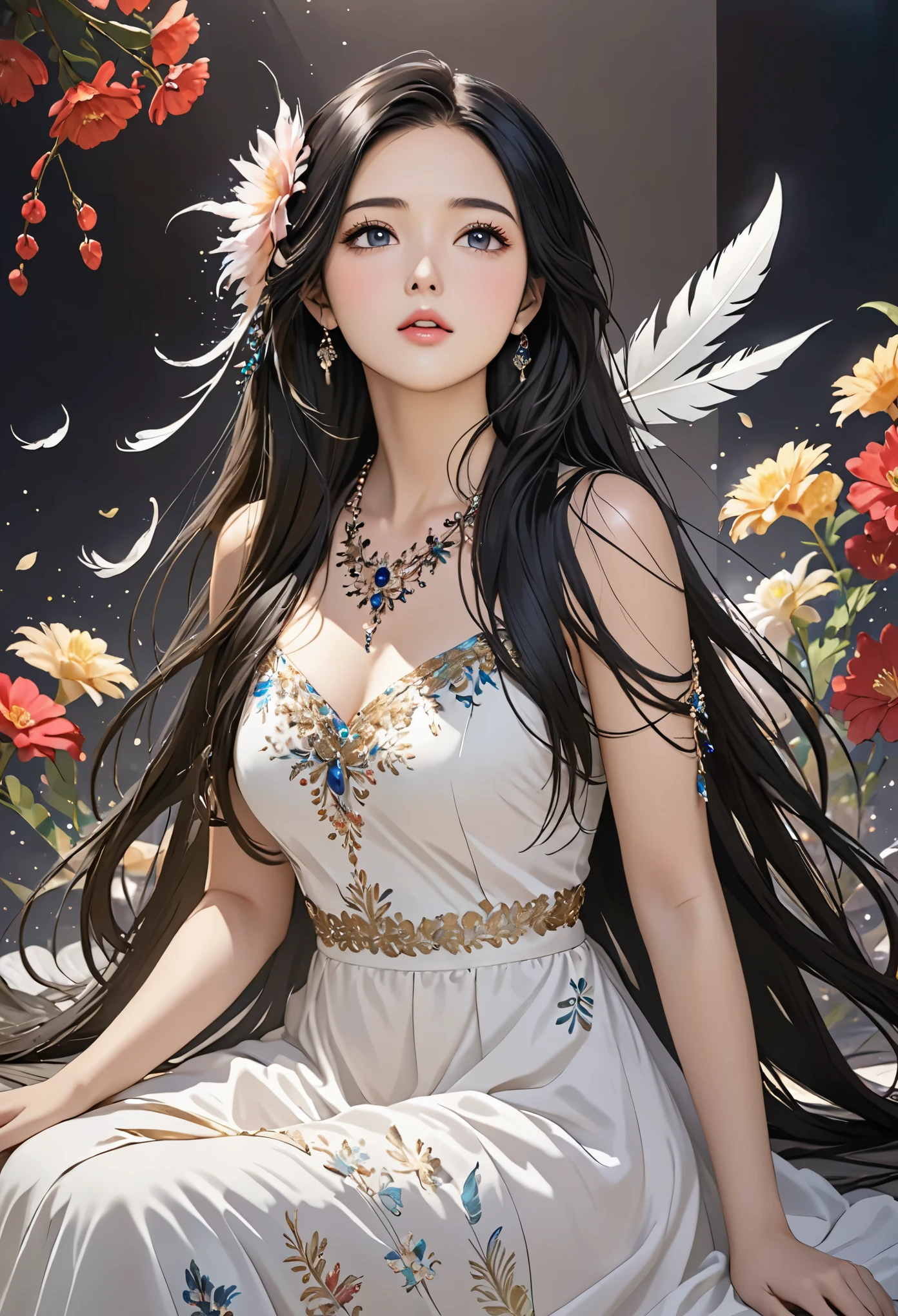 anan,1girl,solo,long hair,black hair,feathers,sitting,dress,looking up,parted lips,flower,jewelry,