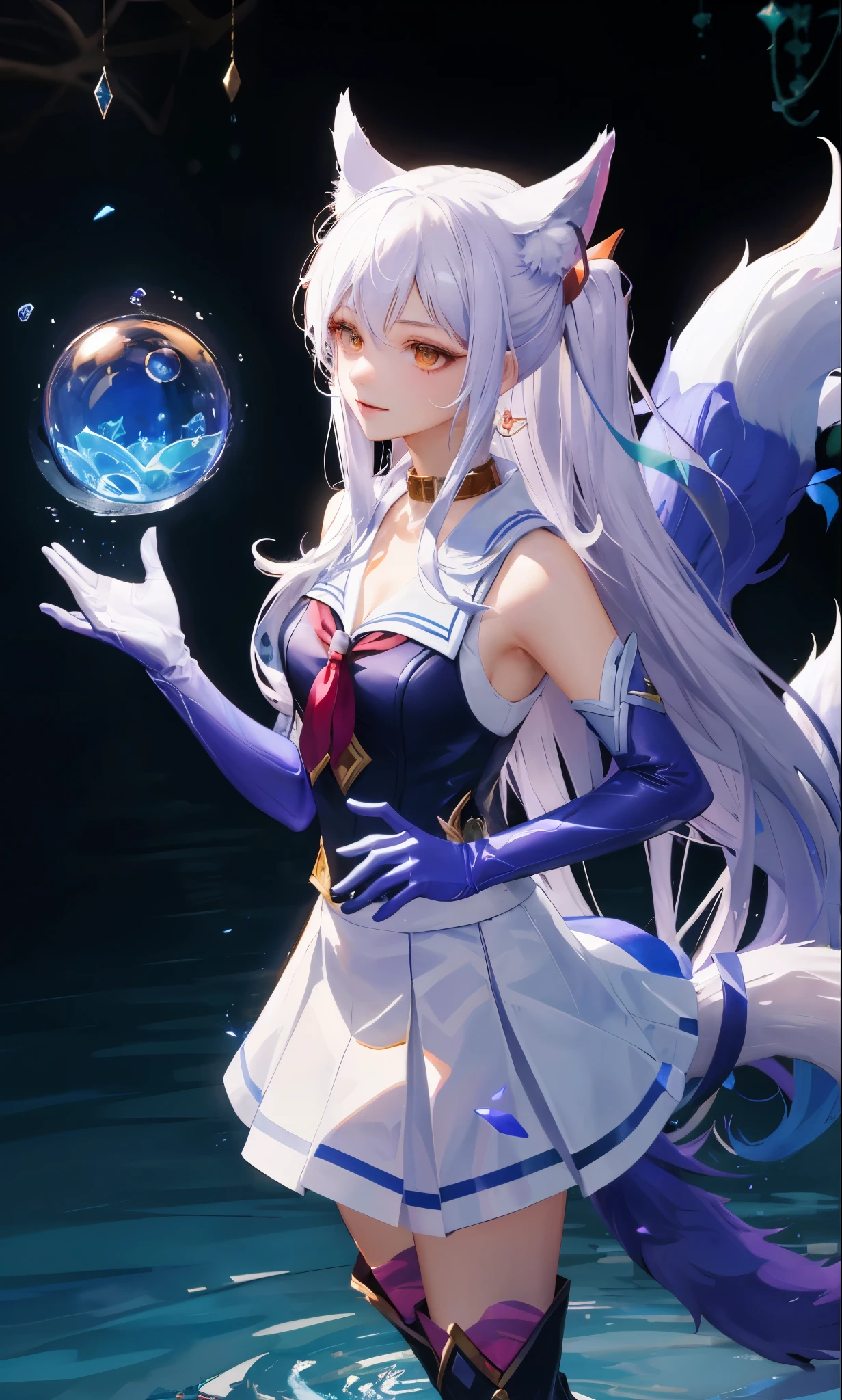 masterpiece, best quality, high resolution, More 1, crown, Sailor Senji, Blue sailor collar, bow, knee high boots, collar, White gloves, blue collar, elbow gloves, jewelry, earrings, blue skirt, Cowboy shooting, sphere, crystal ball, 1girl water yushu water,Ahri, Ahri \(League of Legends\), k/and \(League of Legends\), bloom \(League of Legends\)，Animal ears, facial markings, fox ears, fox Tail, orange eyes, multiple Tails, Tail