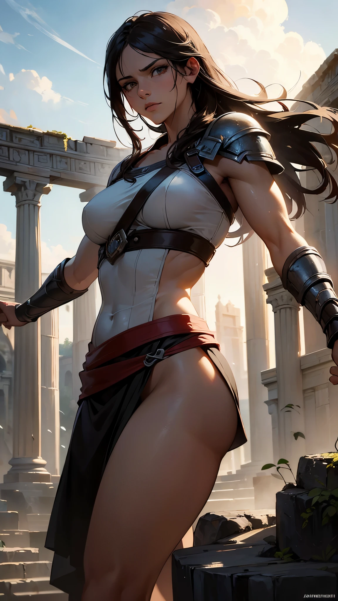 (best quality,realistic:1.37),detailed Kassandra from Assassin's Creed,fierce female warrior,assassin with perfect physique and toned muscles,beautifully crafted armor and weapon,deadly assassin with a hidden blade,authentic period attire,expressive eyes and strong facial features,intense stare and determined expression,fluid and dynamic action pose,leaping in mid-air with acrobatic agility,dark and atmospheric lighting setting,dramatic shadows and highlights,with Ancient Greece in the background,ruins of ancient temples and columns,oversaturated colors with warm tones,giving a sense of adventure and mystery,brush strokes resembling oil painting,creating a sense of nostalgia and historical authenticity.