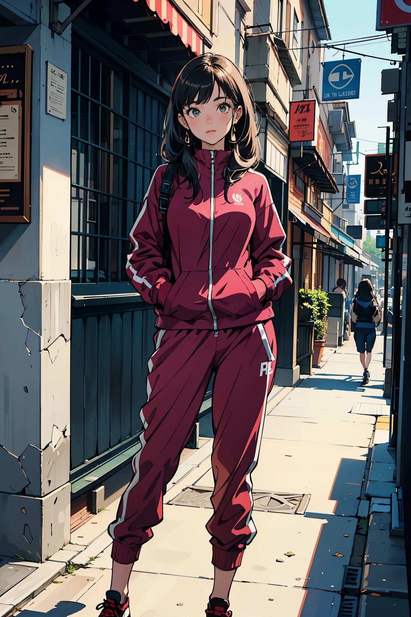 A visually striking illustration of a stylish South-Asian woman with luxurious curly hair, confidently standing on a sunlit city street. The woman is dressed in a chic jogging suit that exudes the latest trends in urban fashion. The artwork should achieve a remarkable level of digital realism, demonstrating exceptional attention to detail and precision in capturing the subject’s features. This piece should be a masterclass in urban fashion illustration and contemporary portraiture, blending the essence of modern street style with the sophistication of a soft, harmonious color palette. The lighting should be dynamic, emphasizing the subject’s presence and the play of light and shadow in the urban environment. The resulting artwork should not only celebrate the individuality and style of the South-Asian woman but also serve as a testament to the convergence of art, fashion, and culture. It should be a captivating portrayal, showcasing the finest aspects of digital artistry in the realm of contemporary fashion illustration.