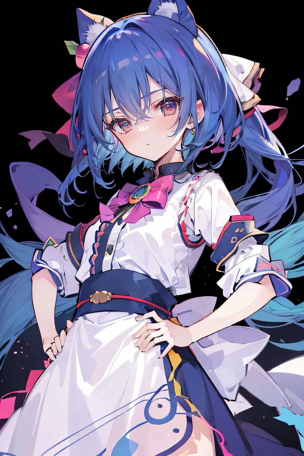 (masterpiece),best quality, expressive eyes, perfect face, 1girl,
Put your hands on your waist,Fair, Gorgeous,japanese manga,girl,Laura,young angel, blue hair, blue haired, floating clothes,grab your waist, grab your waist, hands on hips , hands on hips,flat chest