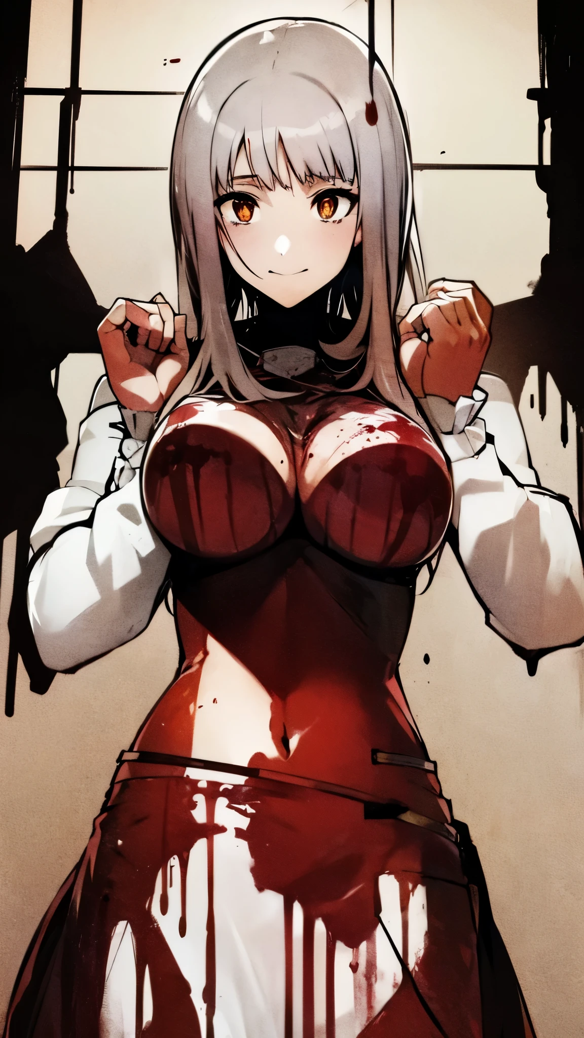 ((masterpiece)), ((best quality)), ((grotesque and splatter)), beautiful girl, curvy, tall, exposed belly, belly button, big breasts, femdom, slaughter, bloody white dress, Blood on the body, Bloody, Blood on the belly button, Blood on the belly, Blood on the breasts, tall, bloody knife, bloody sword, bloody belly, war, fight, kill, Behead, shot from below, POV from fallen enemies, sensual, Blood on the breasts, smile, spattered by much blood, having a big bloody sword, reflecting blood on the whole body, looking down on me, massaging breasts, getting excited sexially, kill everyone, blood splatter, cruel, background with battlefield, cut off head of man, holding a severed head
