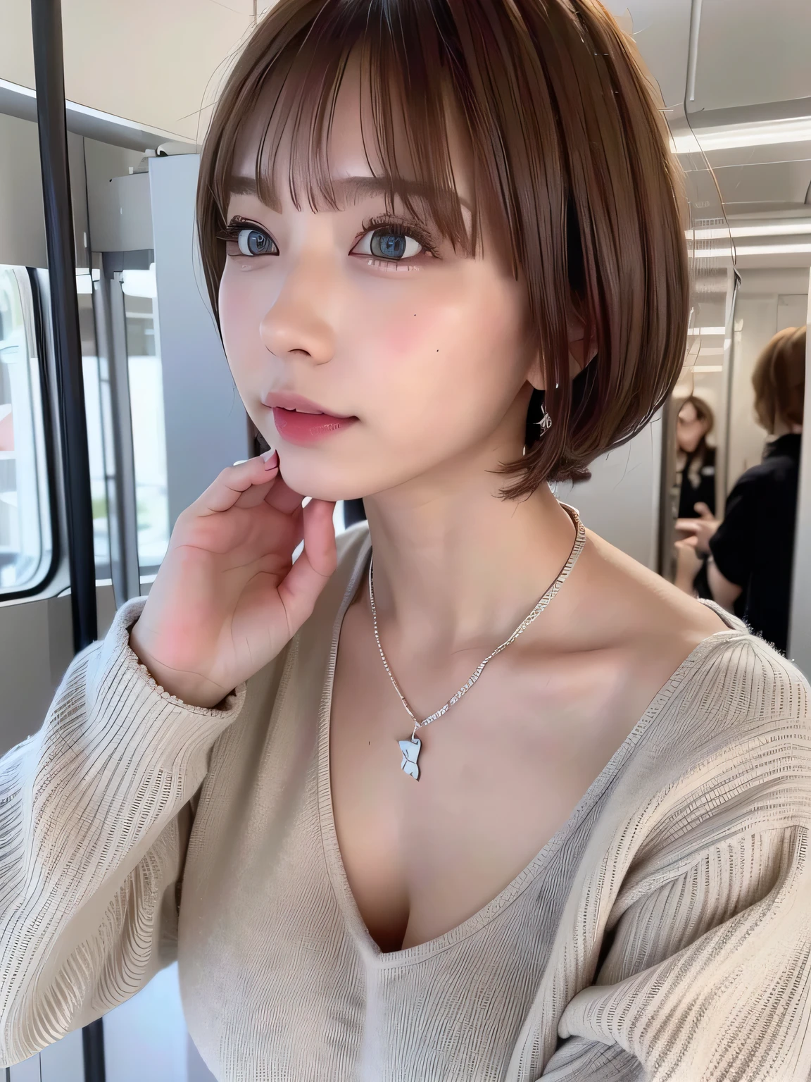 ((highest quality))、(masterpiece:1.4)、Raw photo、8K、((best image quality))、 ((highest resolution))、ultra fine photo、delicate face、Beautiful face in every detail、very detailed、(one woman:1.3)、realistic、(cute woman:1.3)、(short hair、disappoint one&#39;bangs)、(Beautiful woman)、(small face:1.3)、((long neck))、necklace、bracelet、(big breasts:1.5)、((crowded train))、sleeveless、Breast flick