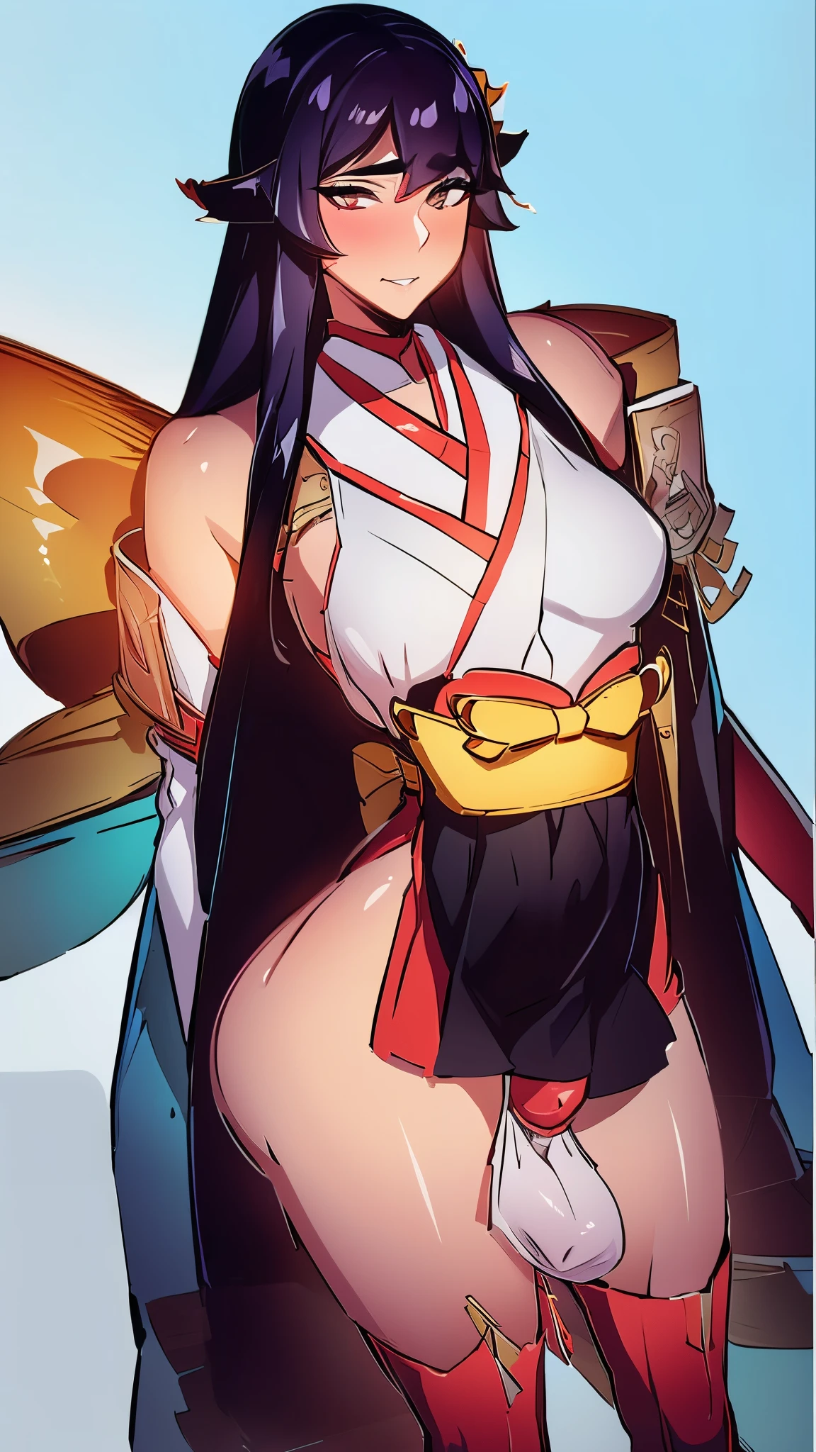 8k, masterpiece, highest quality, best quality, official art, beautiful and aesthetic, extremely detailed, (fractal art: 1.3), colorful, highest detailed, perfect face, upper body, HDR, sexy, wide hips, thicc figure, Detailed face, Detailed eyes, brown eyes, perfect face, perfect eyes, ( tall femboy, he has a big ass, slim waist, pretty face, long brown hair, sharp jawline, he wears traditional Japanese Shinobi attire, he is sexy, he is beautiful, he has black eyeliner, he has makeup, he has a girly face, he is tanned, he has small , he is shy, he wears blush, he has a hydro vision, he has a small penis, small dick, genitalia outline, detailed genitalia outline, hips wider than shoulders, slim torso, black lipstic, e-girl makeup, blushing, sweaty, orgasm face, pretty, sharp jawline, brown eyes, cute, thigh high socks)