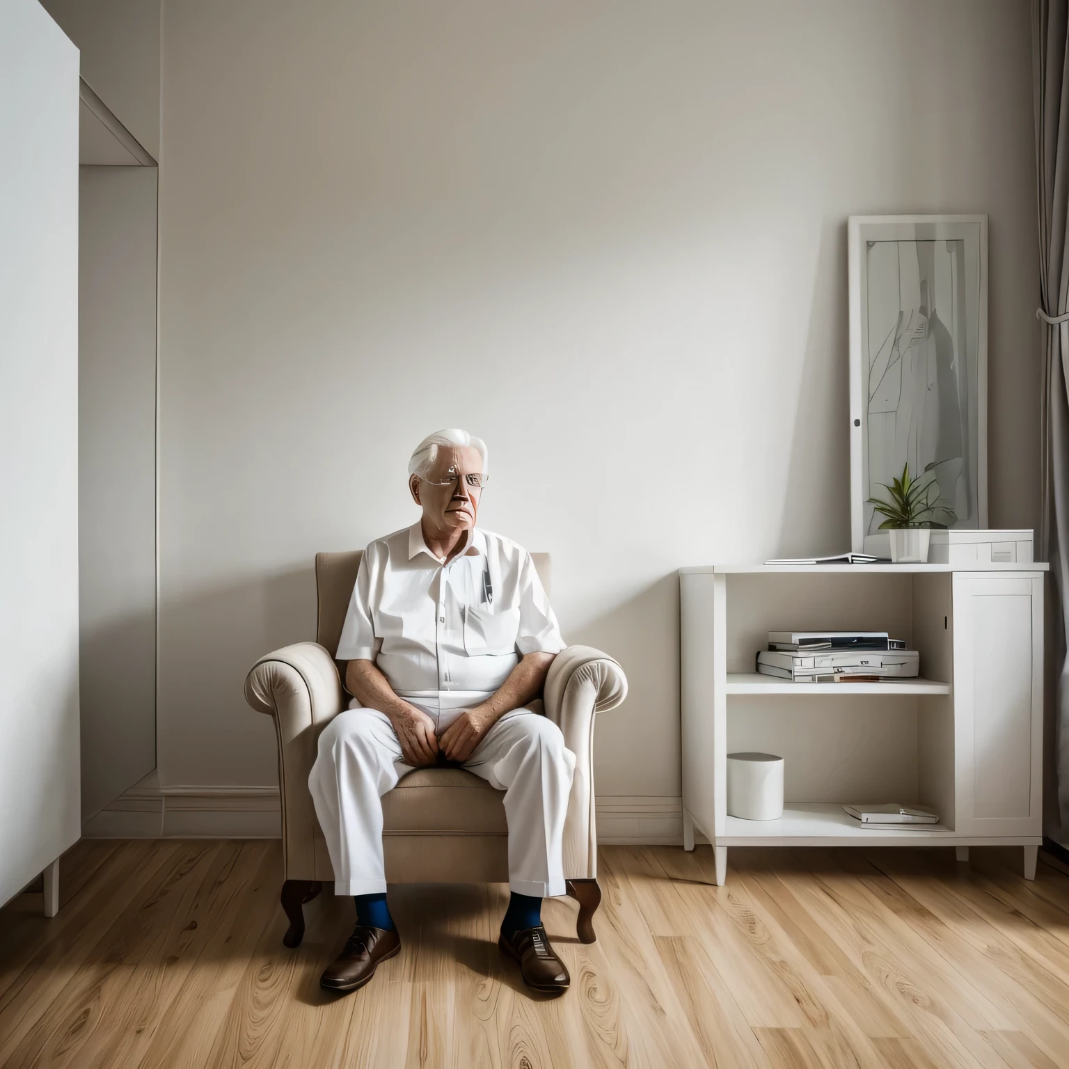 em um quarto branco, an elderly man with white hair standing on end with fright is sitting in an armchair with his back to him watching television., realista, detalhado, photographic, 8k