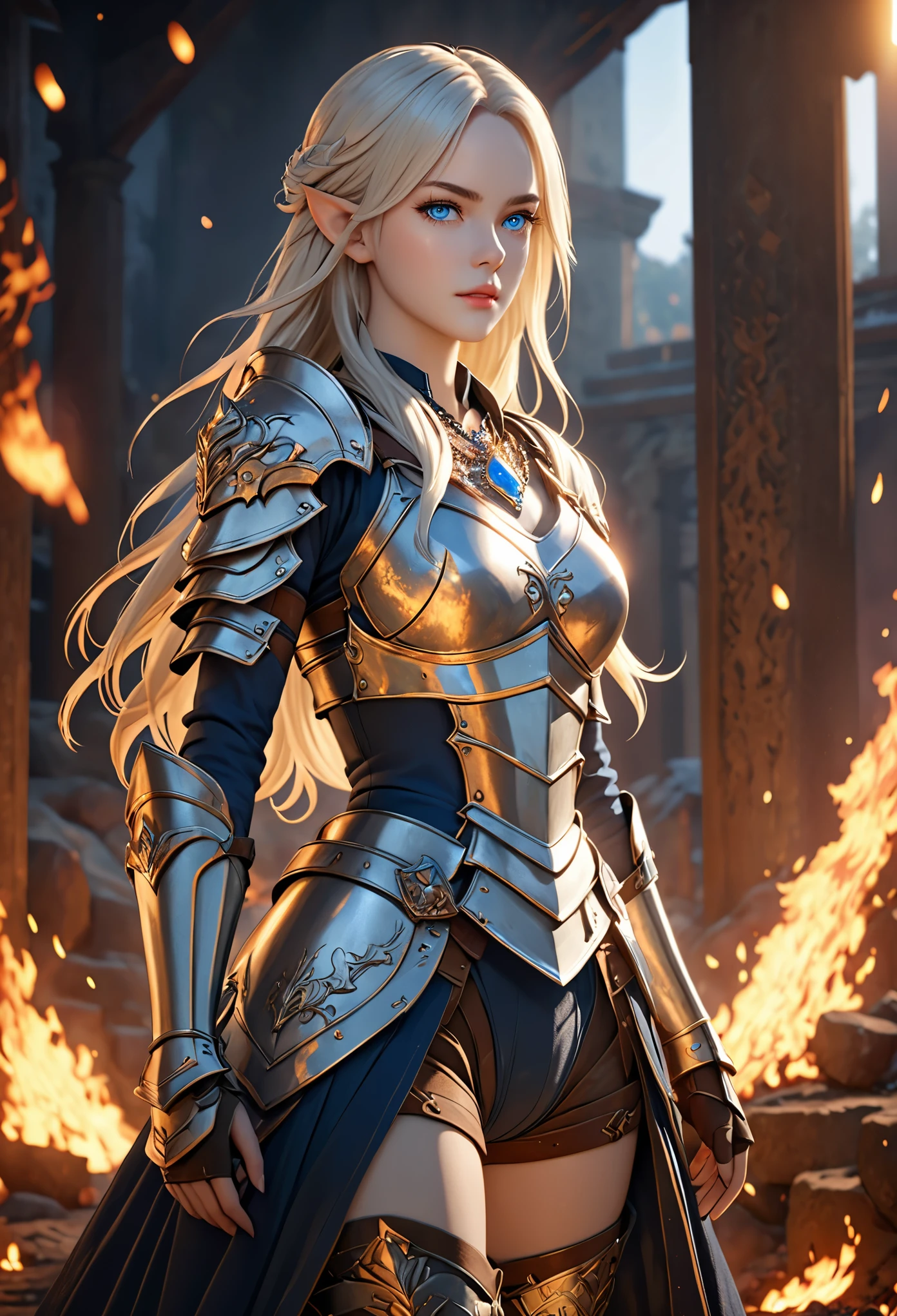 masterpiece, official art, extremely detailed cg unity 8k wallpaper, highly detailed, absurdres, 8k resolution,1girl, solo, long hair, blonde hair, standing, fire, blue eyes, full body, pointy ears, looking at viewer, white hair, jewelry, armor, belt, holding, bandages, embers, necklace, lips, vambraces,depth of field, panorama, cinematic lighting, ray tracing, best quality 