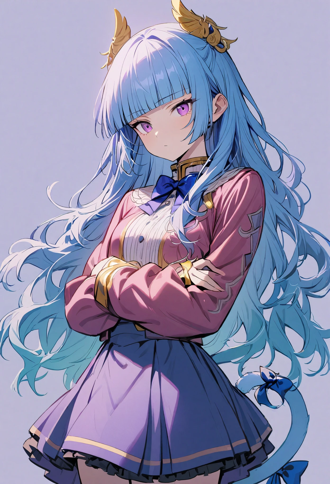 1 girl, Frederica Bernkastel, Bangs, blue bow, blue hair, blunt Bangs, bow, Hold your chest,  cat tail, arms crossed, skirt, long hair, long sleeve, purple eyes, Simple background, alone, tail bow, Tail accessories, tail raised, Tail strap