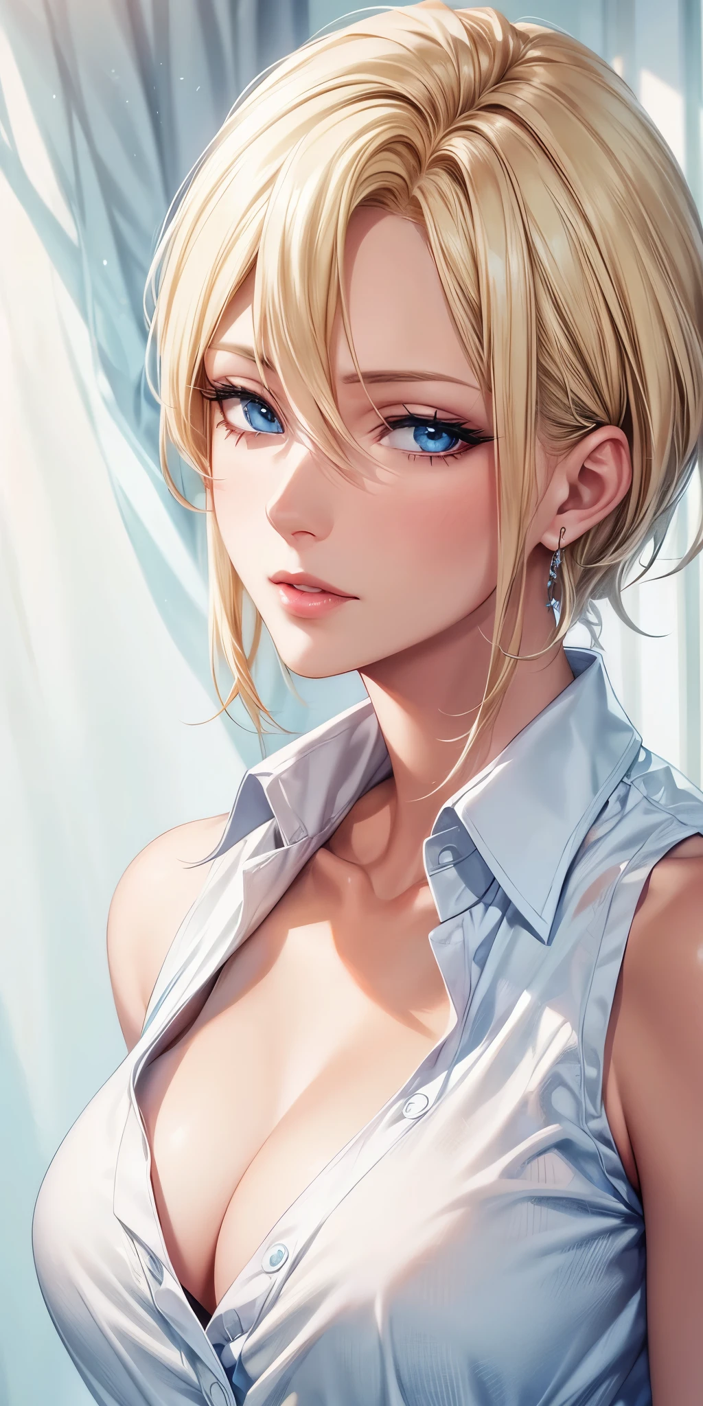 portrait, realistic, elegant mature woman, blue eyes, blonde hair, 4k resolution, beautiful cg, soft light