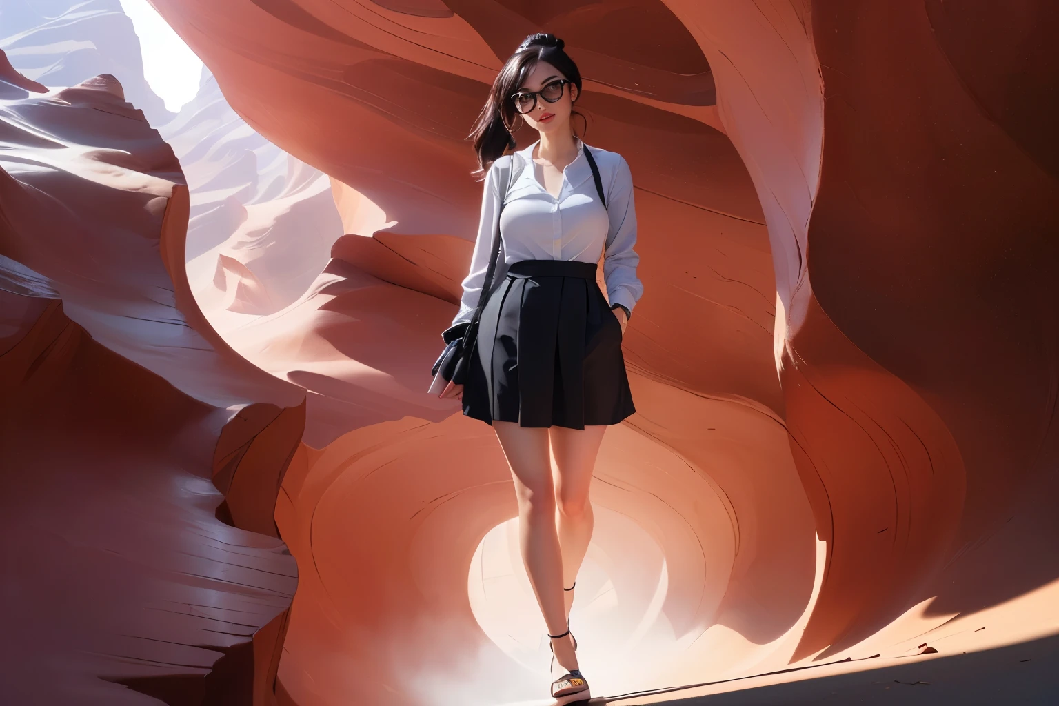 ((Wide angle, full body image)) Beautiful female tourist, black hair, ponytail, bangs, large glasses, smirk, ((wearing a preppy style outfit)), morning light, Antelope Canyon