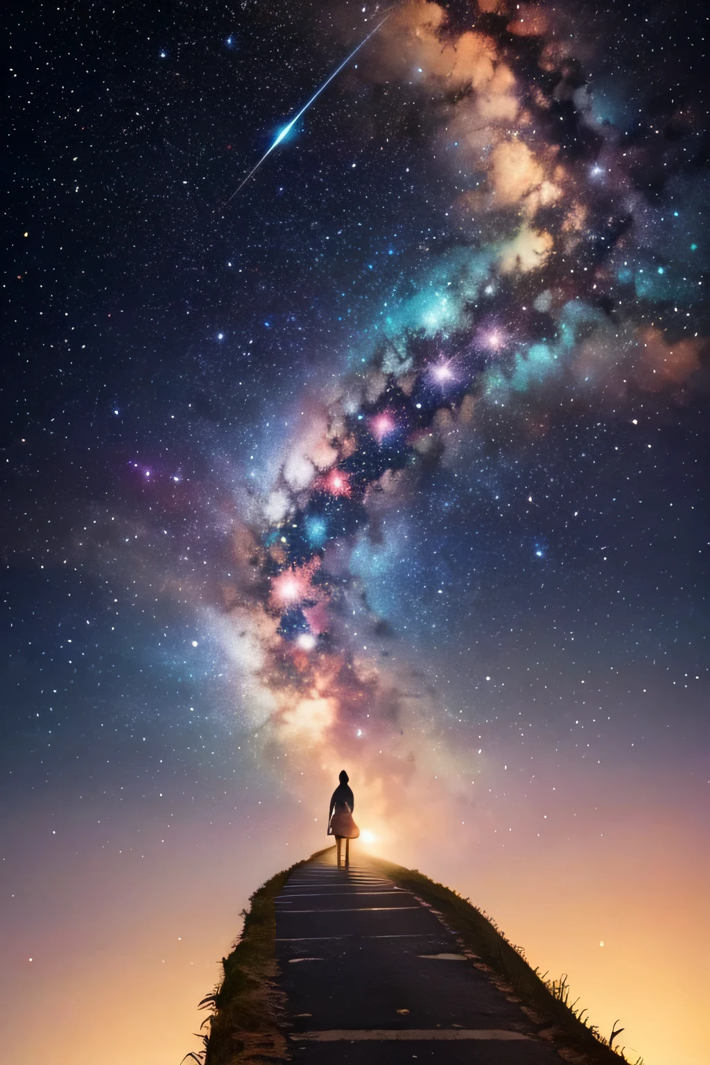 um fundo espacial, Galactic, full of stars and constellations, uma estrada de areia, winding road with some obstacles and a woman walking along this road
