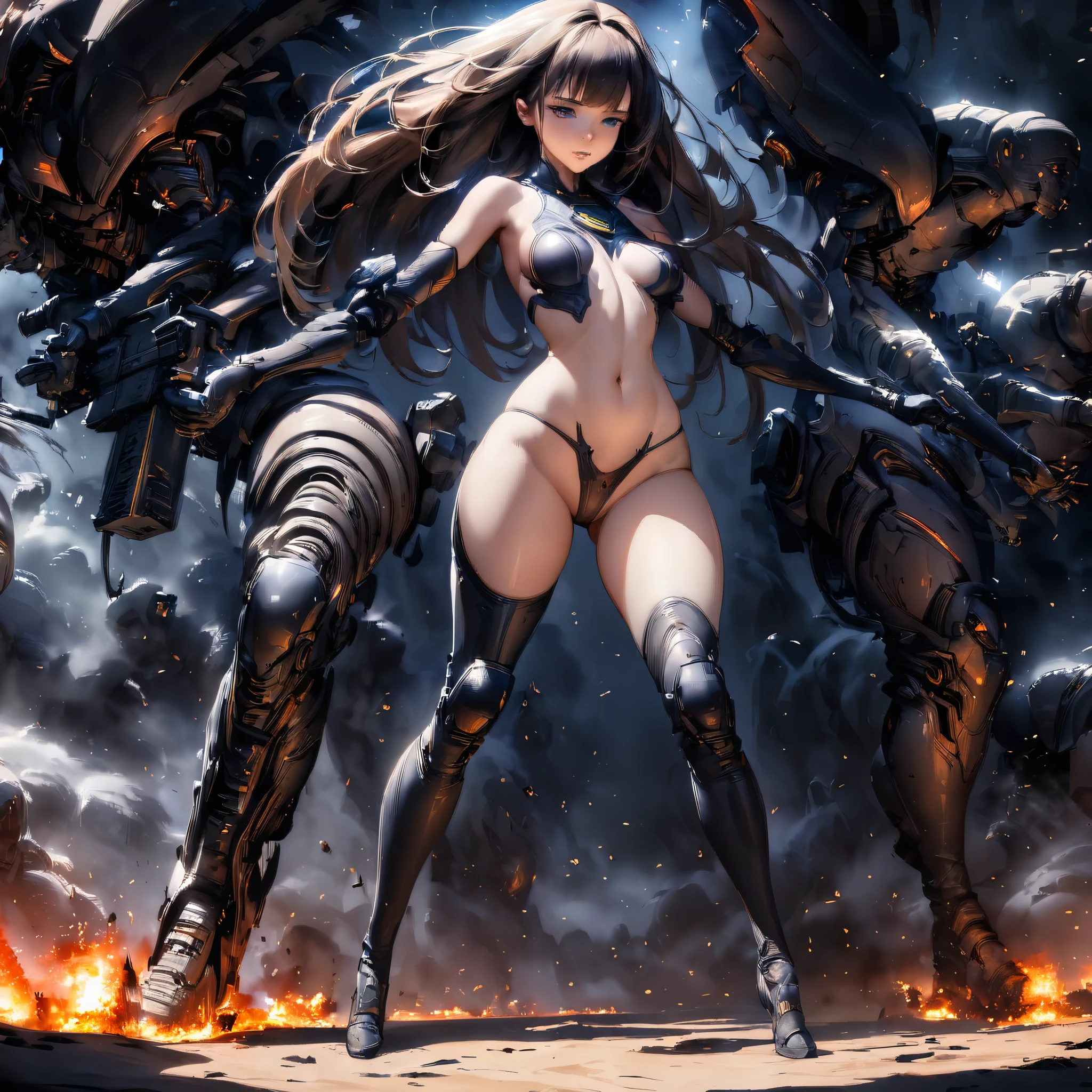 ((Create one girl +), (smoke, fire, shooting), (scene, battles), (fantastic scene), (dramatic, lighting))_((One girl 16, (thin graceful body, in full tall, standing, firing from a powerful modern weapon), (heavy, huge weapon - a machine gun, held with two hands, recoil of the butt in the shoulder), (standing), (sexy, erotic, beautiful figure), (decisive look, tender scarlet lips ), (straight, black long hair), (small thong, short T-shirt, bare shoulders), (navel, narrow hips, beautiful breasts))_((Artistic Stylization), (fantasy comic book film), (clear line, clear outline, high-quality linear drawing, shading))_((Simple color palettes), (color shading, color richness, saturation, harmony, balance), (background - dark, cold tones, gloomy spaceship setting), (fantasy-horror , - cyberpunk, deep space, spaceship))_((Huge machine gun in hands), (arms in elbow pads, palms wearing tactical gloves), (bare hips, short dress, bare belly-navel), (legs in combat knee pads, stockings, leg warmers to the thighs), (massive leather military boots with laces), (space design, dramatic scene, combat situation))_((Background, fantastic ship lock), (R.S. Giger “Alien”, Giger’s monsters), (illustrations by L. Royo), (stunning scene of shooting in a spaceship), (warm light, cold contrasting shadows))_((Cinematic masterpiece, highest quality), (horizontal clear frame), (contrasting shadows, clear, bright light) , (warm range of colors, hot light, contrasting light with cold shadows))_((Cinematic animation, digital painting), (soft clear shapes, wide strokes, attention to detail), (clear elegant line, color shading))_( (High quality, 16K | Ultra HD | Full HD, cinematic rendering)).