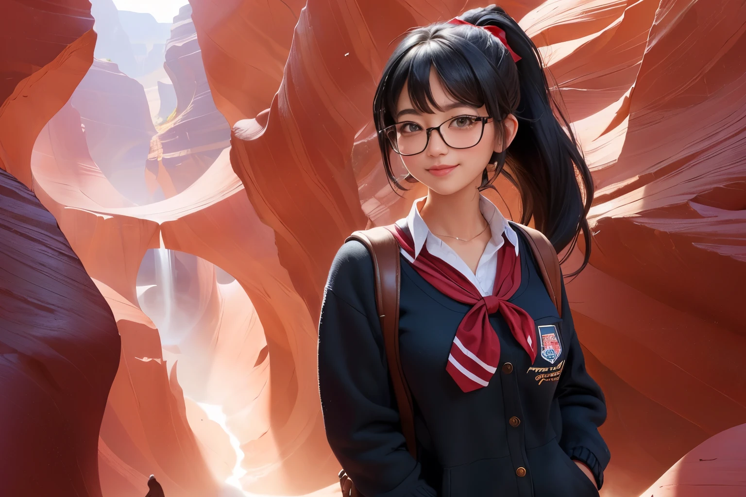 ((Wide angle)) Beautiful female tourist, black hair, ponytail, bangs, large glasses, smirk, ((wearing a preppy style outfit)), morning light, Antelope Canyon