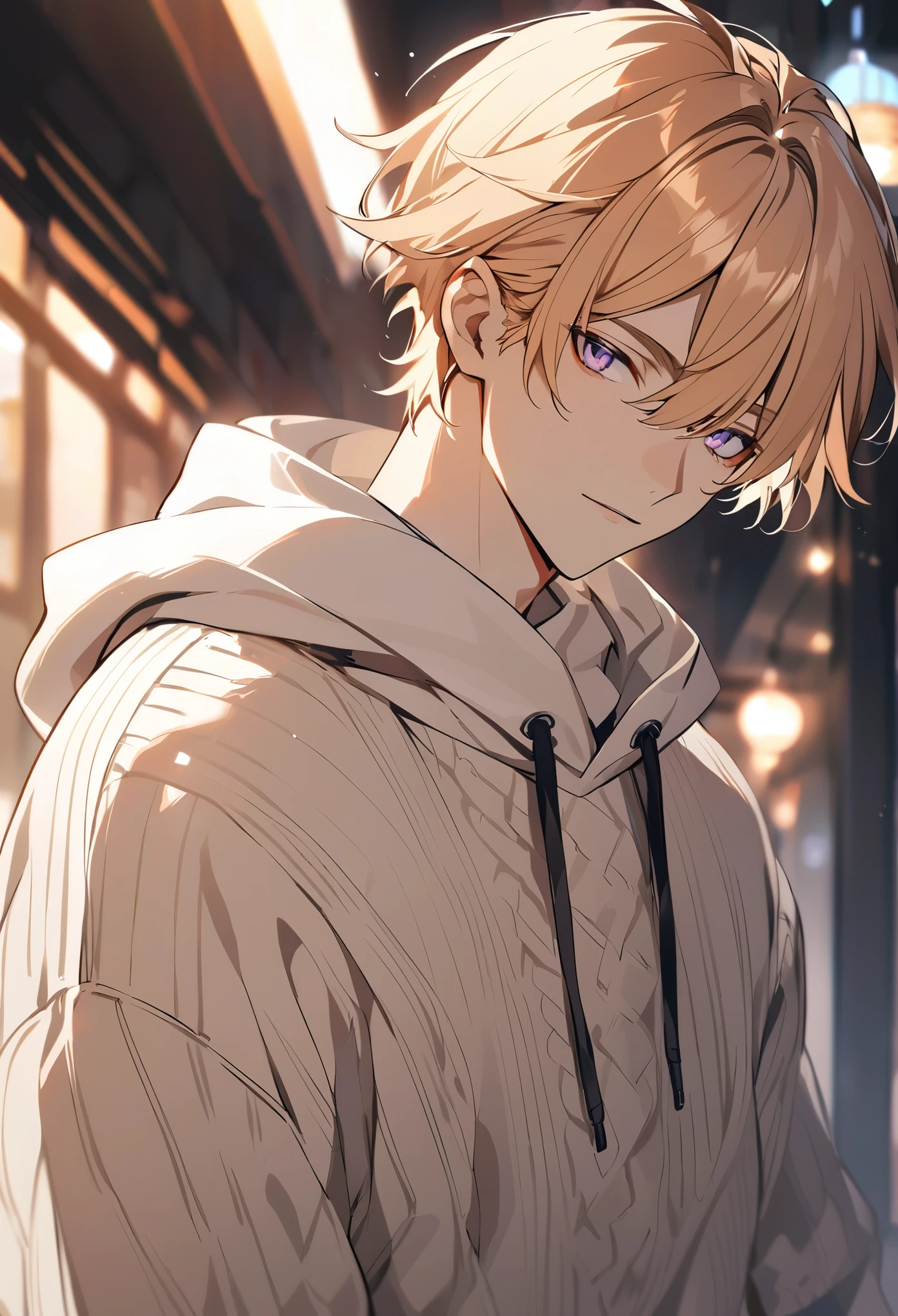 handsome, solo, 1 male, light orange hair, short hair with bangs, light purple eyes, ivony sweater, white hood, modern.