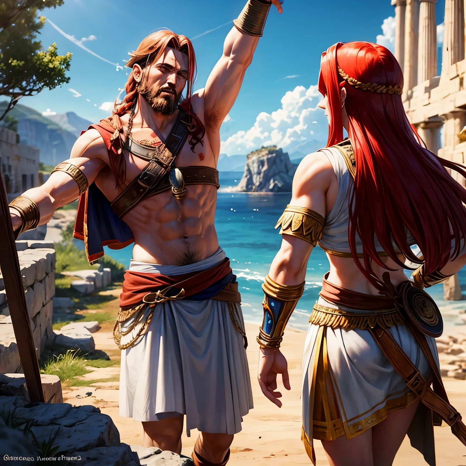 Greek goddesses embracing Kratos 