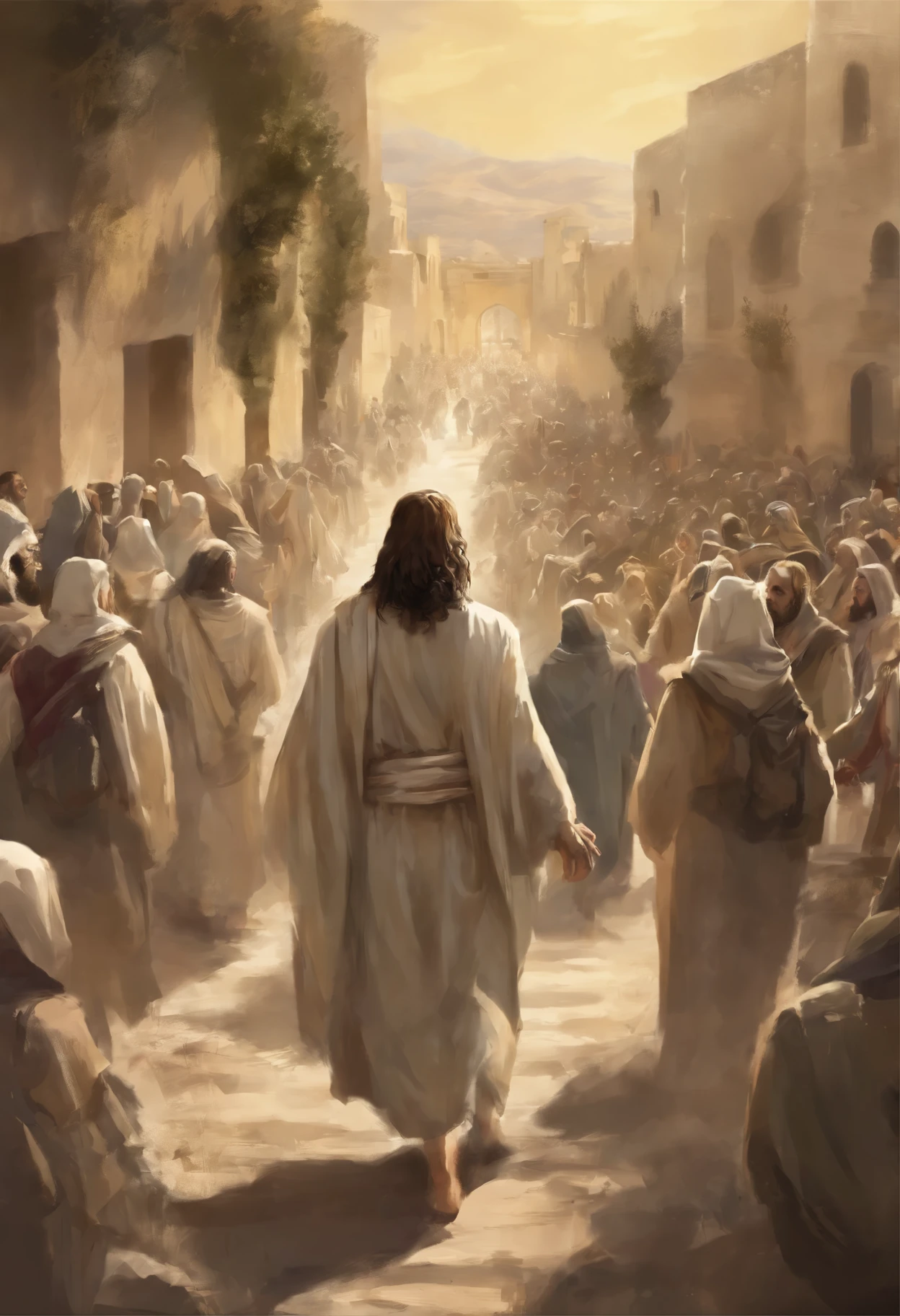 Jesus, the Messiah, entering Jerusalem with people waving olive branches.