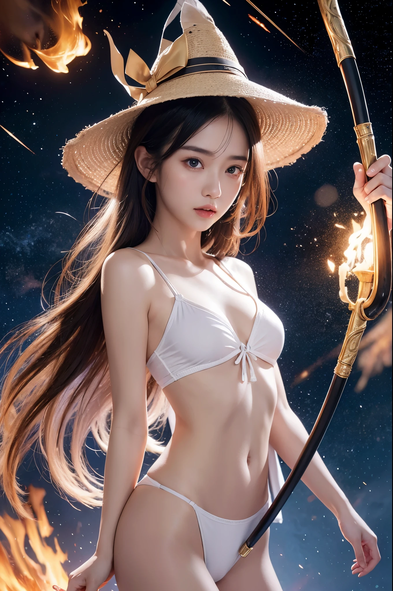 (Raw photo:1.2), (realistic), beautiful detailed girl, highly detailed eyes and face, thin and beautiful eyes, huge file size, High resolution, very detailed, highest quality, [table top:1.6], shape, very detailed, small details, highest quality, 8k wallpaper, movie lighting, 15 year old Japanese female heroine of an RPG game, under the dark sky, In the night sky with no one around, Combination magic of fire and ice、Magic that shoots like a bow and arrow, heroine in underwear, There is no top, I can see the white wizard&#39;s bra, I can see white panties, young face, slender body, wizard&#39;s hat, small breasts, exposed underwear, game scene, fighting heroine, fight naked, epic magic, 弓矢のようなCombination magic of fire and iceで光の矢を放つ