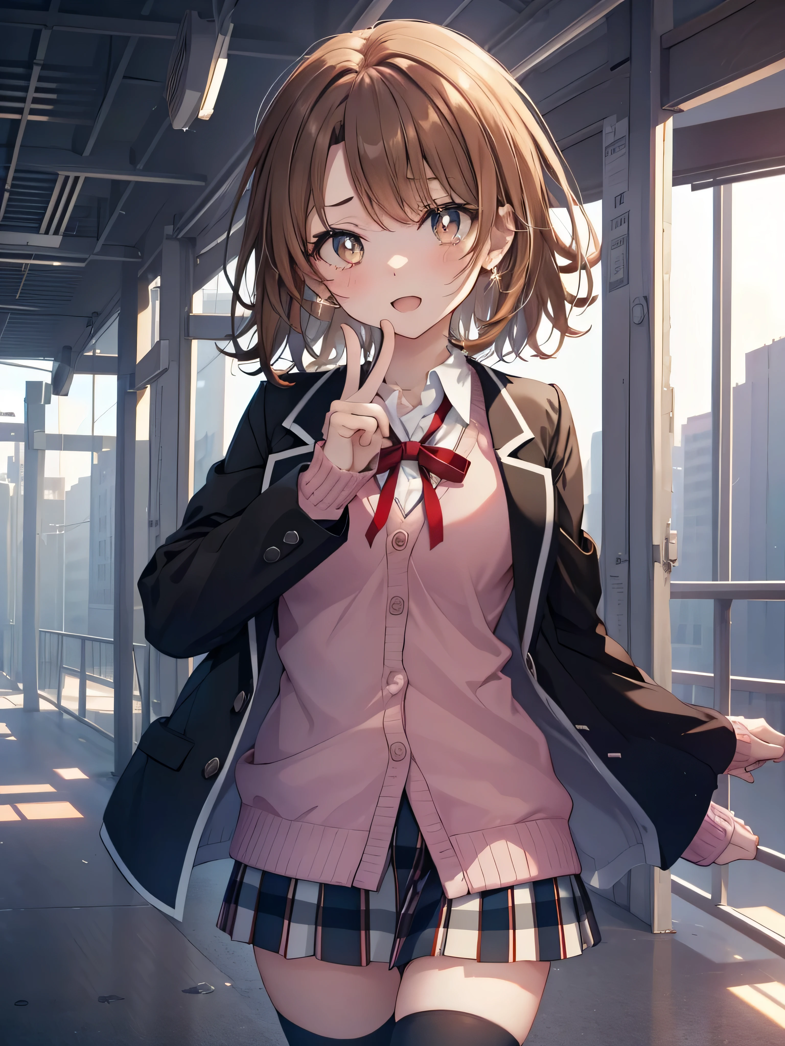 irohaisshiki, iroha isshiki, short hair, brown hair, (brown eyes:1.5), smile with open mouth,blush,tears run down her face,tears of joy,
break skirt, shirt, ribbon, , Jacket, white shirt, closed clothes, socks, open Jacket, black Jacket, plaid, knee high, plaid skirt, blazer, cardigan, black socks, pink cardigan, the room is expensive ,Gymの舞台上でスピーチしている,graduation ceremony,
break indoors, School Gym,
break looking at viewer,
break (masterpiece:1.2), highest quality, High resolution, unity 8k wallpaper, (shape:0.8), (fine and beautiful eyes:1.6), highly detailed face, perfect lighting, Very detailed CG, (perfect hands, perfect anatomy),