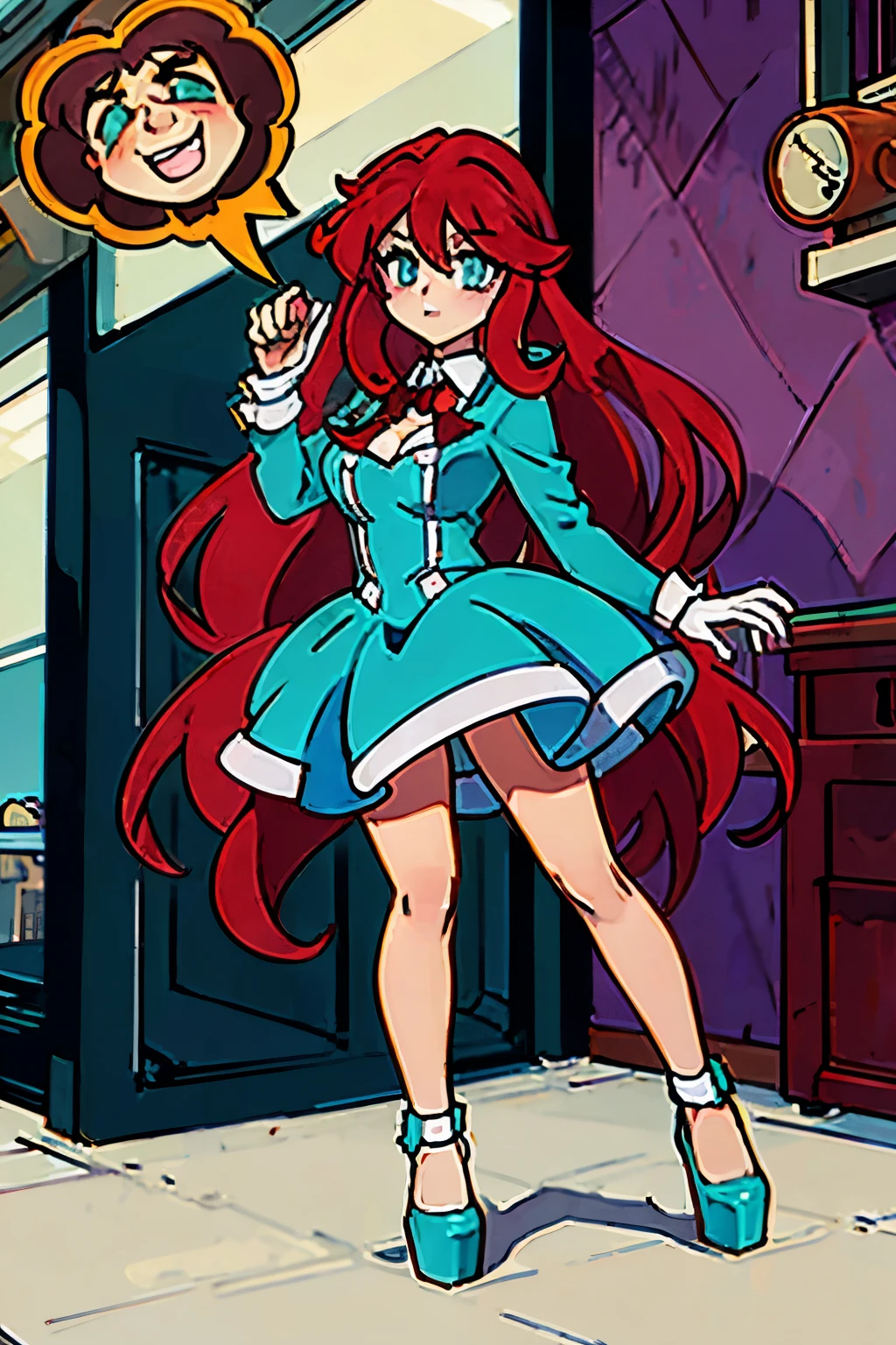 (best quality:0.8) perfect anime illustration, rias gremory from high school dxd, a pretty, happy woman with long curly crimson hair and cyan eyes on the street in the city, wearing a dress, white stockings and gloves, blact high heels