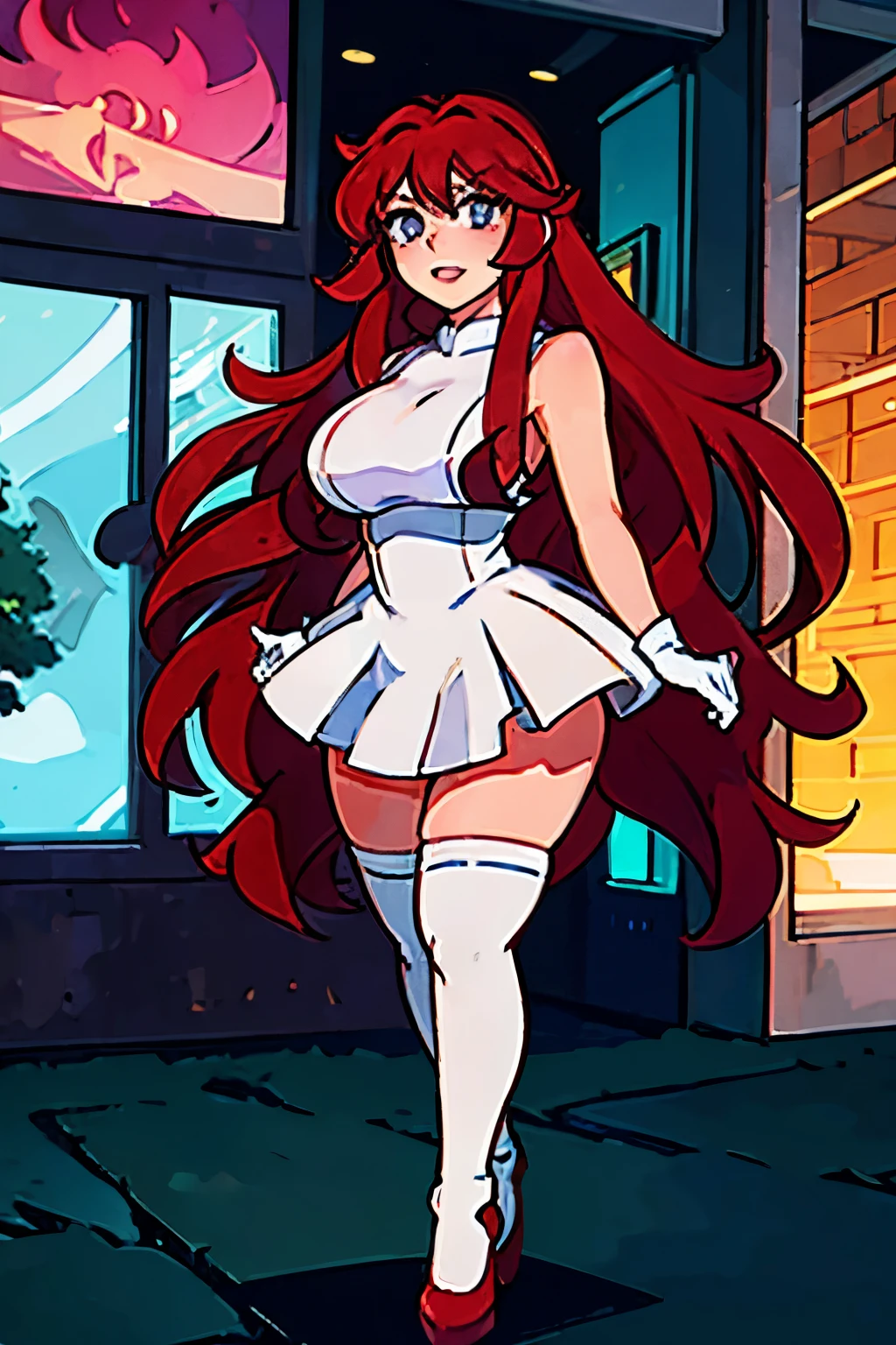 (best quality:0.8) perfect anime illustration, rias gremory from high school dxd, a pretty, happy woman with long curly crimson hair and cyan eyes on the street in the city, wearing a dress, white stockings and gloves, blact high heels