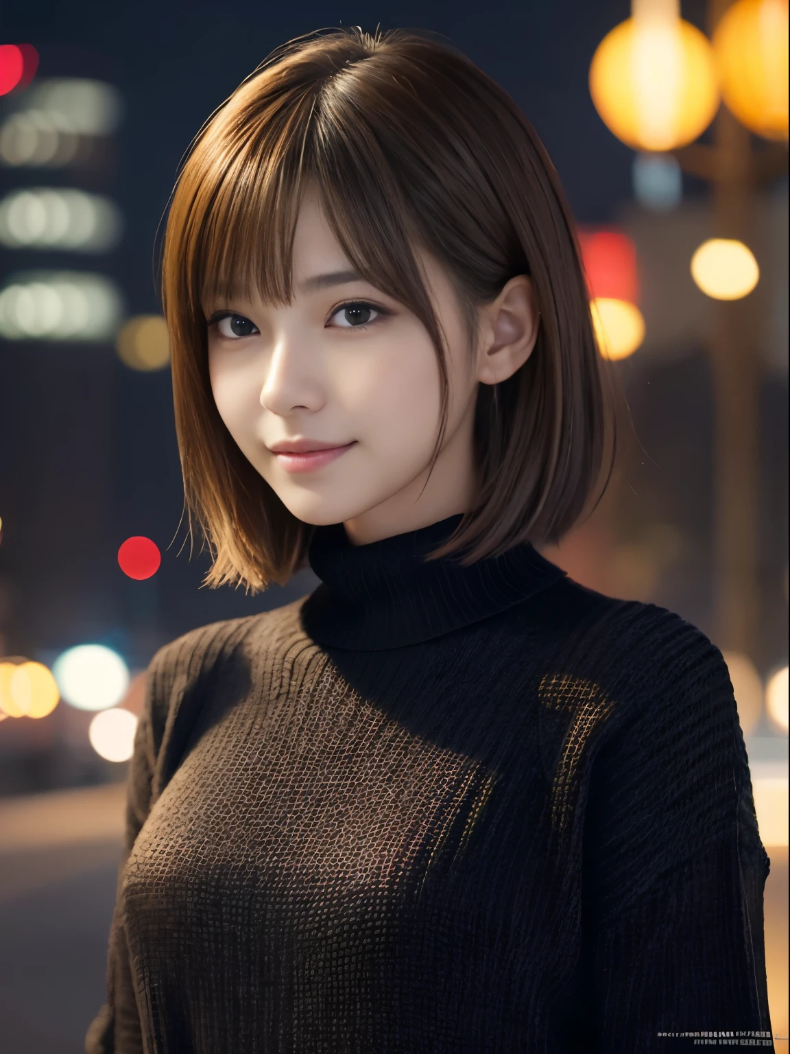 1 Japanese Idol, (Realistic, Top Quality), (Realistic, Photorealsitic:1.4), Short Hair, Must Piece, Very Fine and Beautiful, Highly Detailed, 8K Wallpaper, Amazingly Fine, Highly Detailed CG Unity, High Resolution, Soft Light, Beautiful Detail, age19, Very very detailed eyes and face, beautiful detailed nose, beautiful detailed eyes, cinematic lighting, night city lights, perfect anatomy, slender face, slender body, (smile), (hair mess, asymmetrical bangs, light brown hair), (black sweater:1.4),