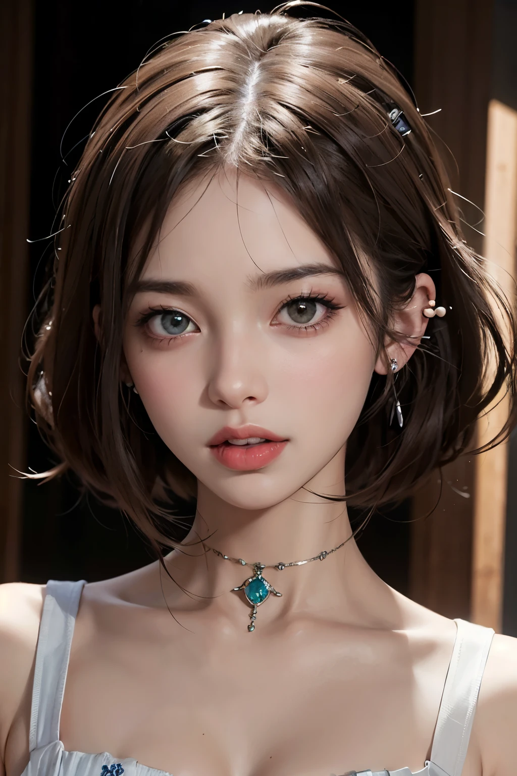 criar imagem em formato desenho de rosto feminino com cabelo escuro e muitos piercings no rosto, piercing na sobrancelha, piercing no nariz, ear piercing and showing tongue with tongue piercing