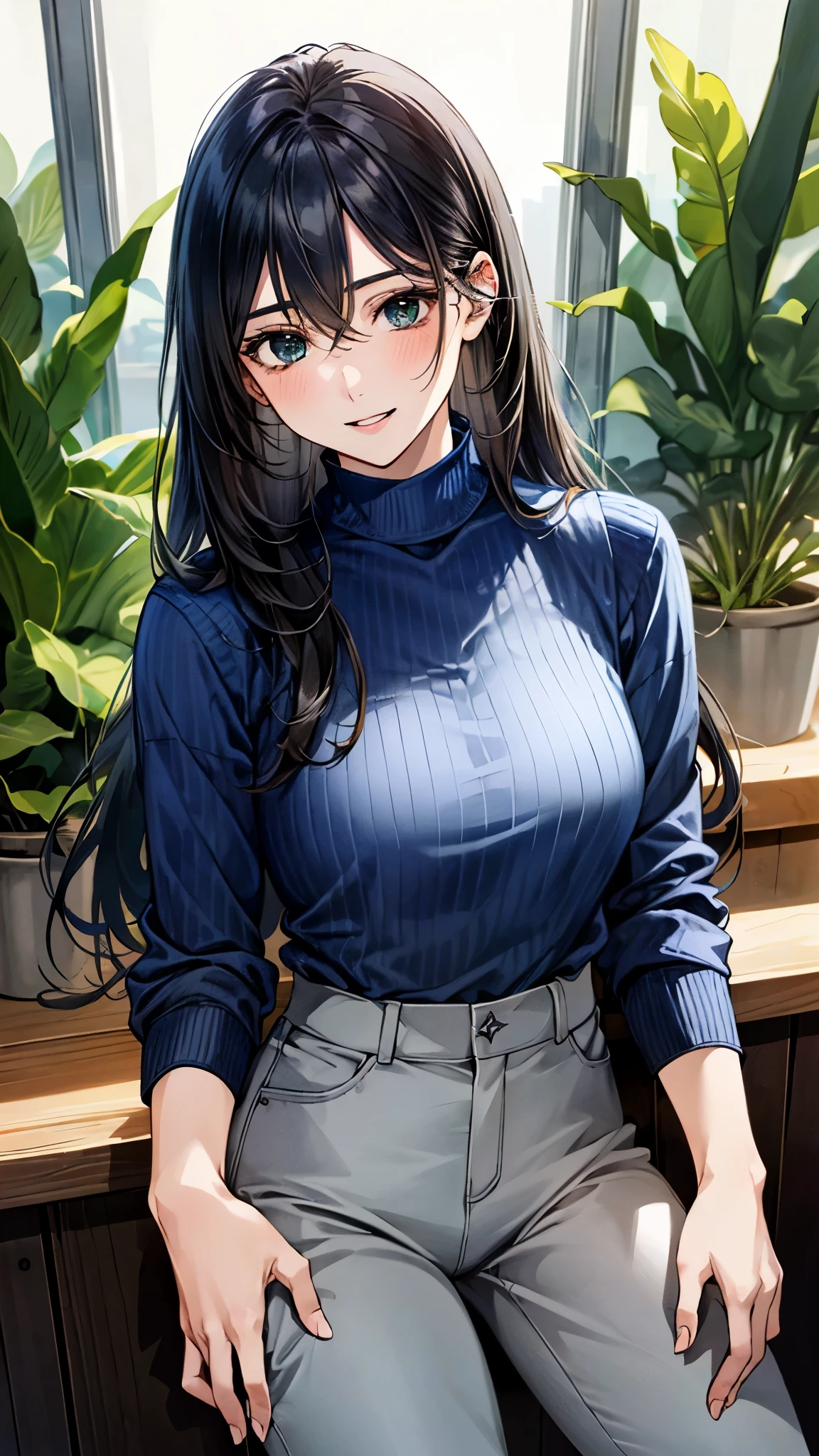 (masterpiece:1.3, top-quality, ultra high res, ultra detailed), (realistic, photorealistic:1.4), beautiful illustration, perfect lighting, natural lighting, colorful, depth of fields,
looking at viewer, 1 girl, japanese, office lady, 19 years old, perfect face, (perfect anatomy), cute and symmetrical face, baby face, shiny skin, slender,
(long hair:1.7, straight hair:1.2, black hair), hair between eyes, emerald green eyes, long eye lasher, (large breasts:0.8),
beautiful hair, beautiful face, beautiful detailed eyes, beautiful clavicle, beautiful body, beautiful chest, beautiful thigh, beautiful legs, beautiful fingers, break,
(((gray) stretch tapered pants, half-sleeve (navy) high neck sweater)), id card,
(beautiful scenery), day time, (office lounge, potted plant), (drinking canned coffee), (happy smile, half-closed eye, parted lips),