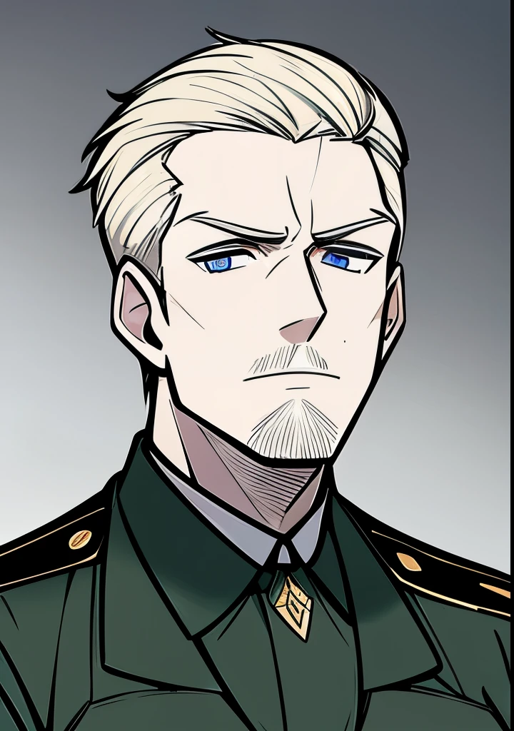 Young Adult male, white and tender skin, pale blonde slicked back combed short hair, kaisermustache, ducktail beard, steel blue eyes, green and slightly mature, serious and emotionless facial expression,wearing world war 2 era german fatigues, portrait style, facing forwards