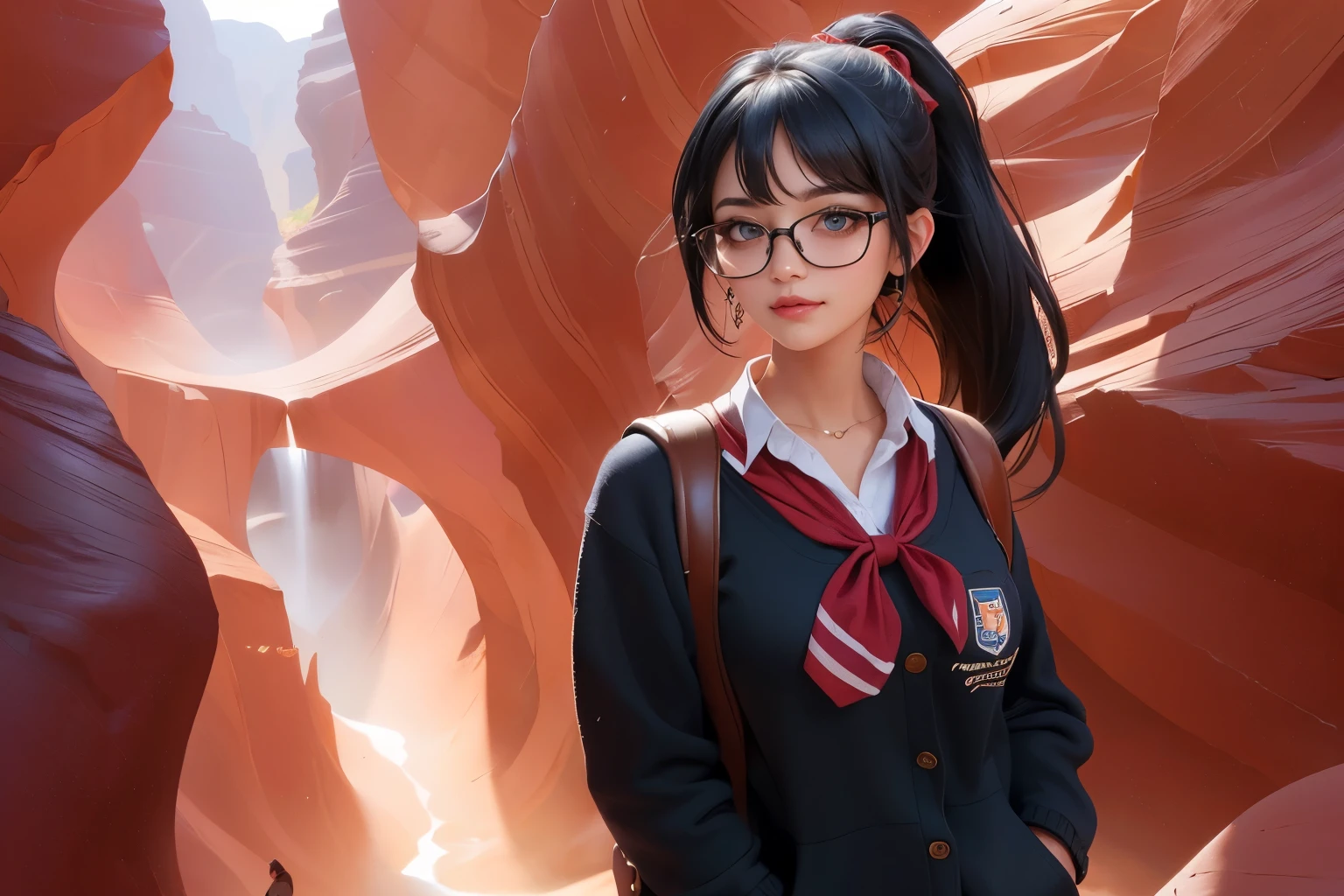 ((Wide angle)) Beautiful female tourist, black hair, ponytail, bangs, large glasses, smirk, ((wearing a preppy style outfit)), morning light, Antelope Canyon