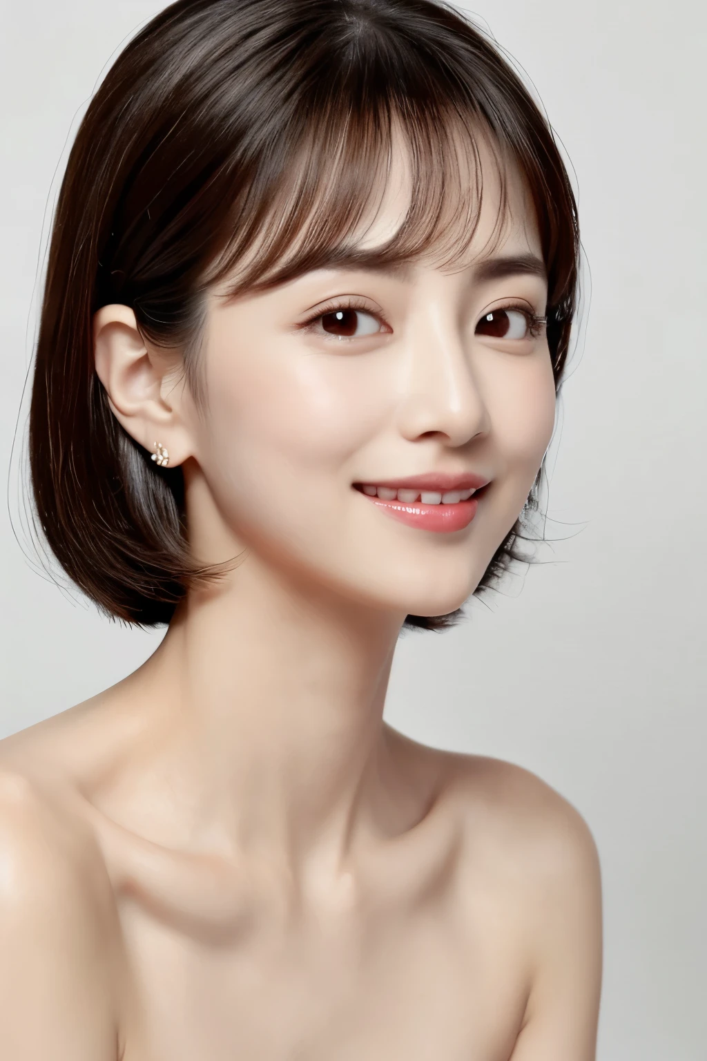 masterpiece, highest quality, High resolution, 1 girl, realistic, white background, closed your mouth, Smile, black hair, short hair, Big eyes, Clear double eyelids, ears are sticking out, Absolute area, 30 years old, attractive proportions, Glossy skin, beautiful clavicle, face of golden proportions, perfect face, bangs, lip gloss, thin lips, small breasts, small face, Upper body, look slightly upward at the camera, Facing straight ahead, keep your head straight without tilting it