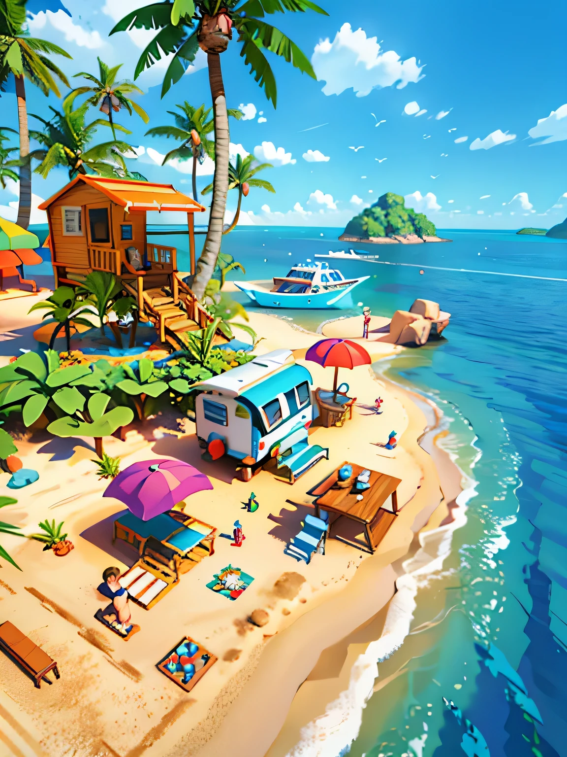 Cartoon illustration of beach with camper and trailer, Isometric 3d fantasy island, Stylized digital illustration, island background, mobile game art, 3 d stylize scene,, 3D rendering stylization, tropical beach paradise, Ultra-detailed color low-poly art, Detailed game art illustrations, game illustration, Stylized 3D rendering, tropical island